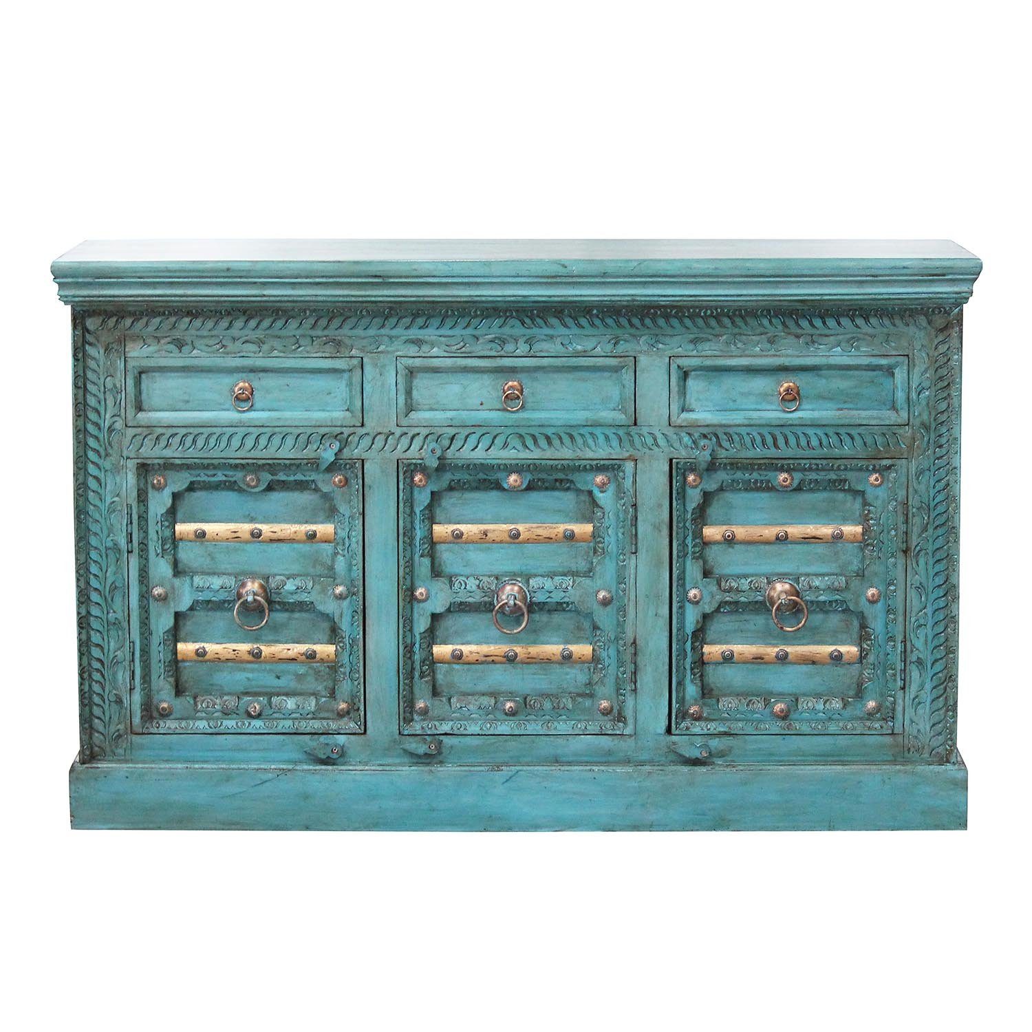 Casa Moro Sideboard Orientalische Kommode Fadoua 150x40x90 cm (B/T/H) Türkis (aus Massivholz mit handgeschnitzter Front, Echtholz Sideboard schmal, Vintage Kommodenschrank für einfach schöner Wohnen), Kunsthandwerk, CA542240
