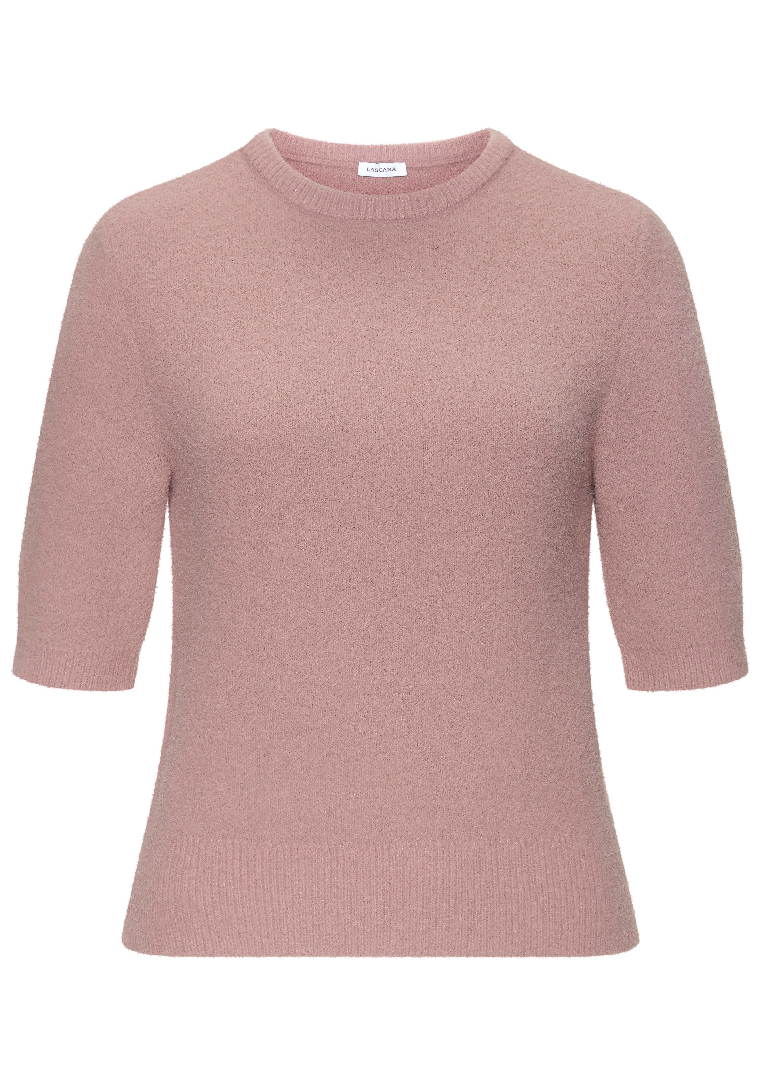 LASCANA Kurzarmpullover, flauschiger Strickpullover, figurnaher Schnitt. € 49,99