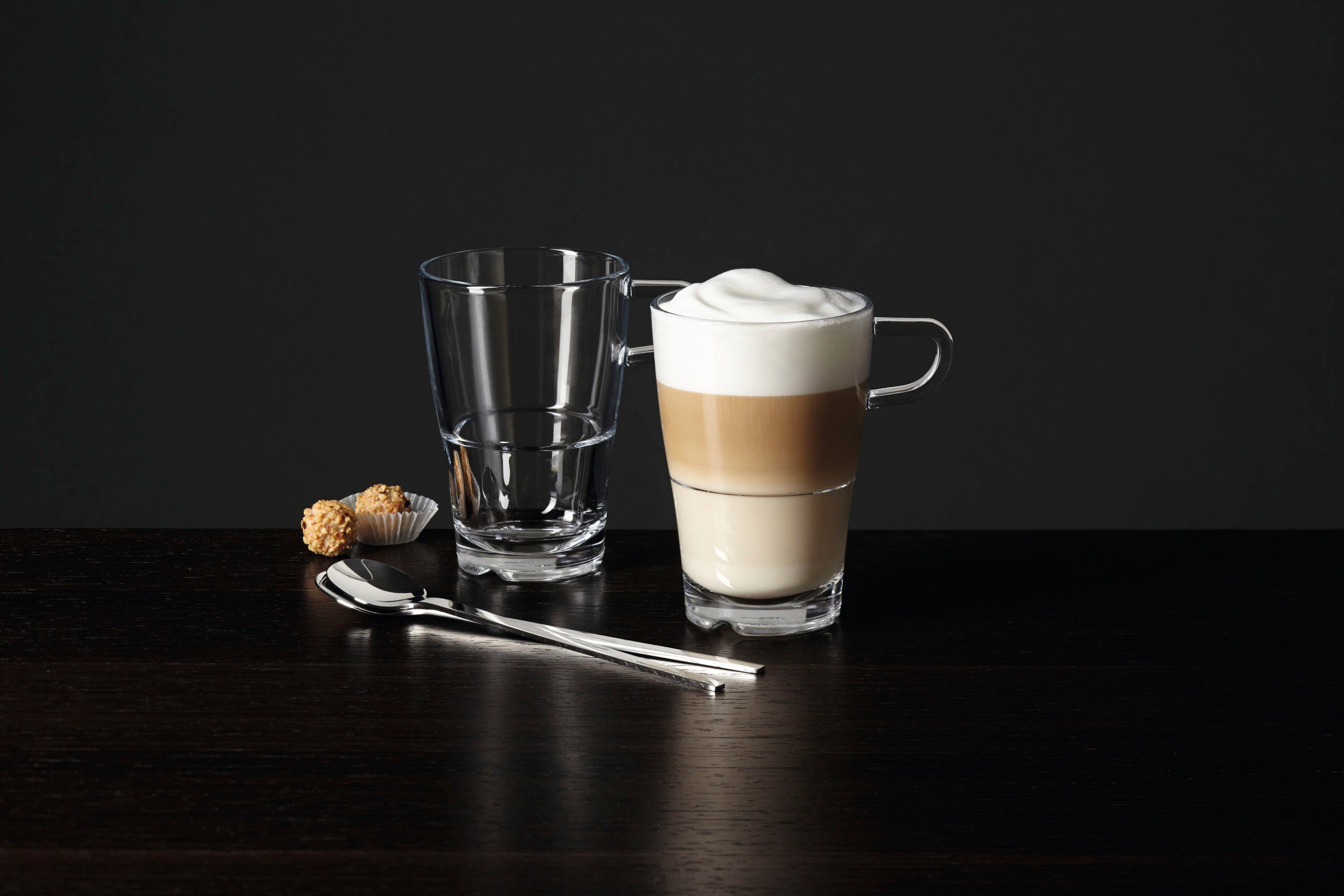 LEONARDO Latte-Macchiato-Glas SENSO, 4-tlg., Edelstahl, Glas, Set bestehend aus 2 Tassen und 2 Löffel