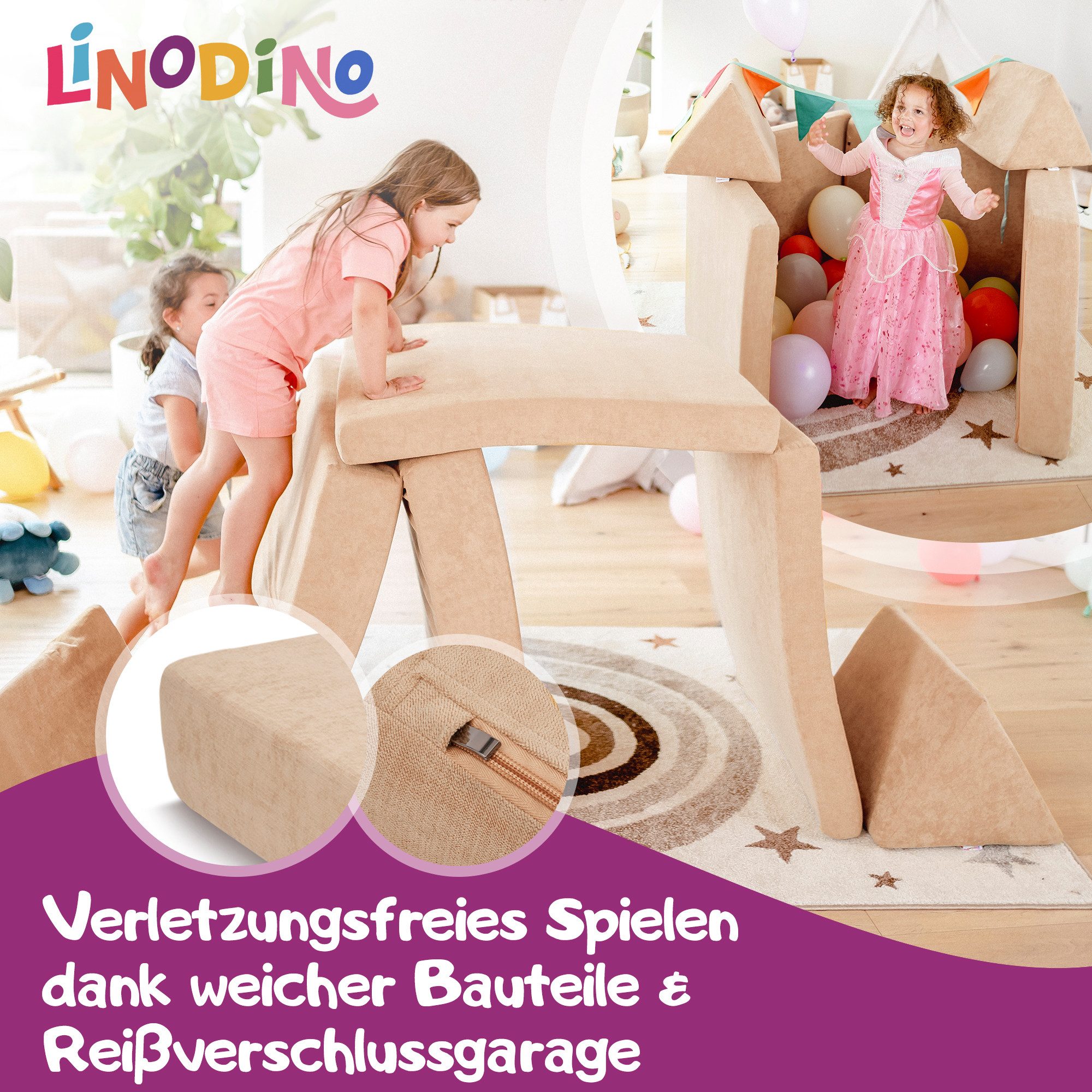 Linodino Kindersofa Spielsofa I aus Schaumstoff Bausteine I Spielcouch für Kinder, Wasserfeste Unterbezüge, Waschbare Chenille Bezüge 30°