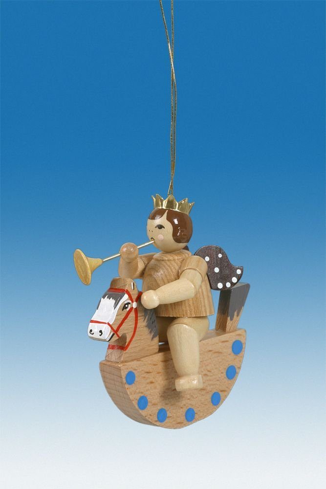 Christbaumschmuck Baumbehang Engel auf Schaukelpferd mit Trompete ohne Krone natur Höhe