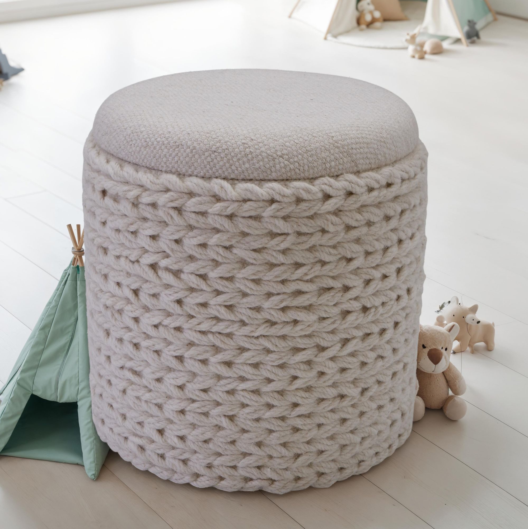 FINEBUY Stauraumhocker FB111031 Sitzhocker Hocker Wolle rund 40x40x45 cm Creme Weiß Boho (40 cm Hocker mit Stauraum Rund Boho Beistellhocker), Dekohocker Creme Wolle, Sitzhocker Gepolstert