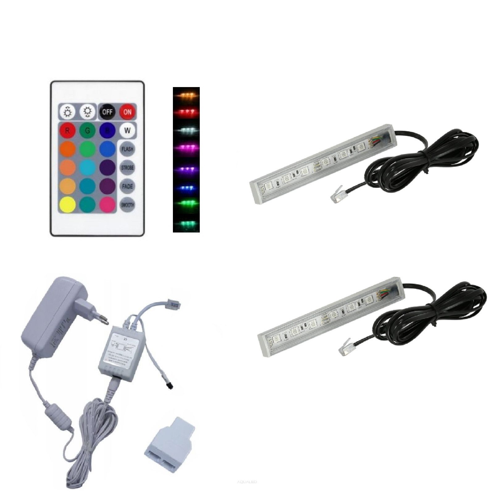 QLS LED Unterbauleuchte RGB 12V 2-8 Stück Weiß, LED fest integriert, Glasbodenbeleuchtung Lichtleiste Fernbedienung 16 Farben Dimmbar