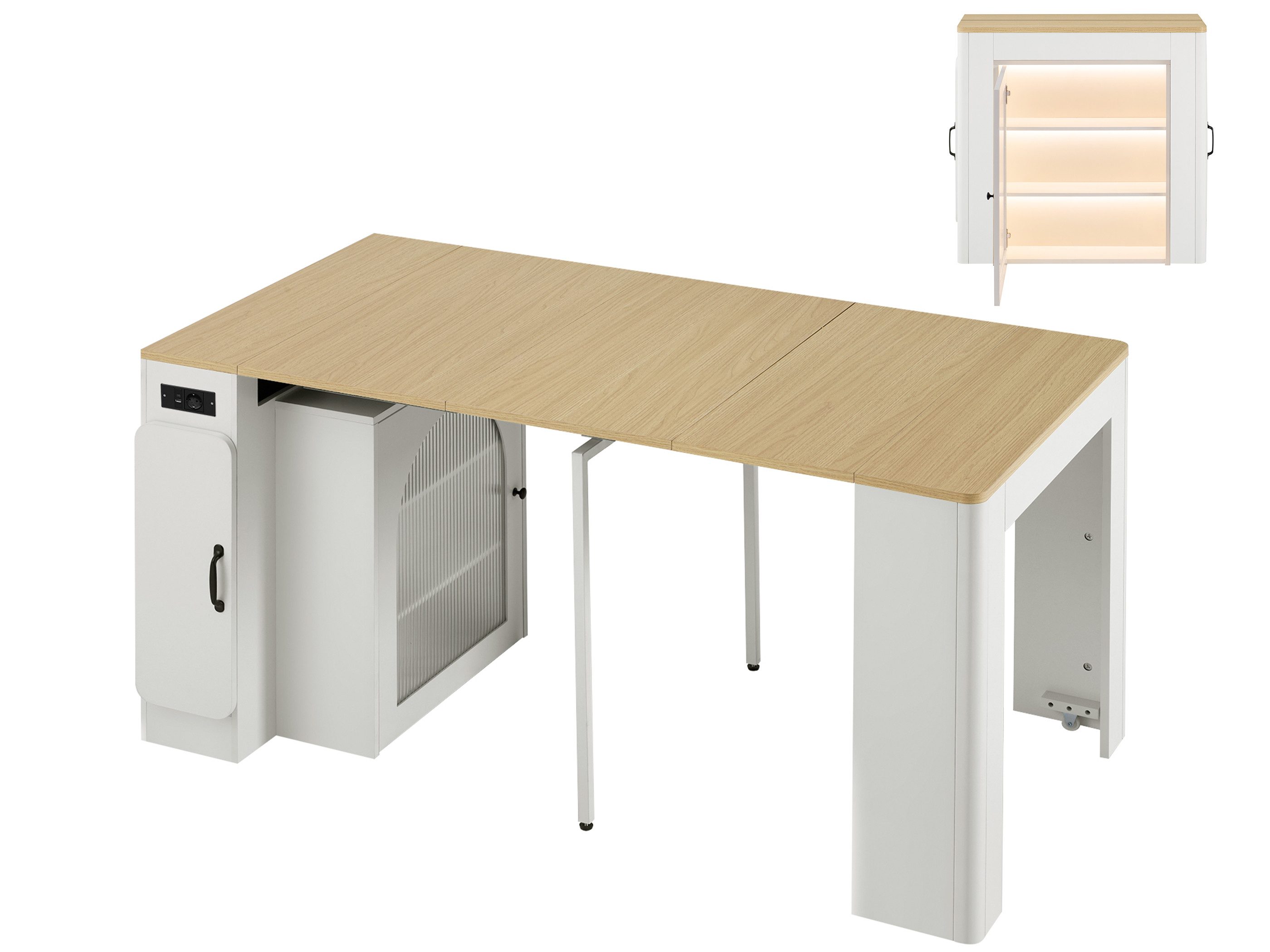 SeedWave Kücheninsel Mehrzweck Küchenschrank mit Ausziebarem Esstisch, Ladefunktion, Höhenverstellbare Mittelfüße, verstellbare Helligkeit vom LED-Licht