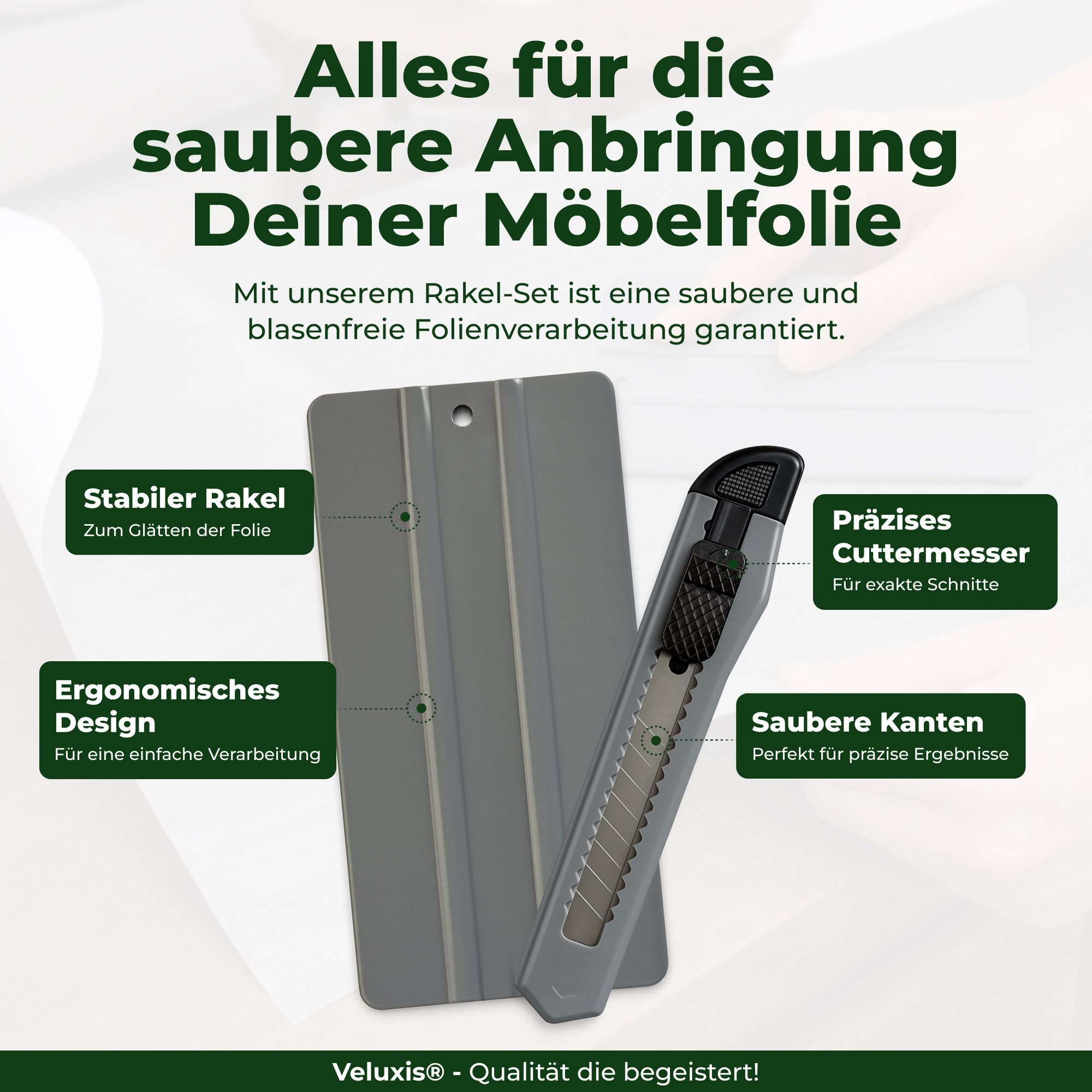 Veluxis Cuttermesser Folien Toolkit mit Rakel & Cuttermesser – Profi Anbringungsset, (2-tlg), blasenfreie Montage – präzise Schnitte & saubere Kanten – DIY & Profi