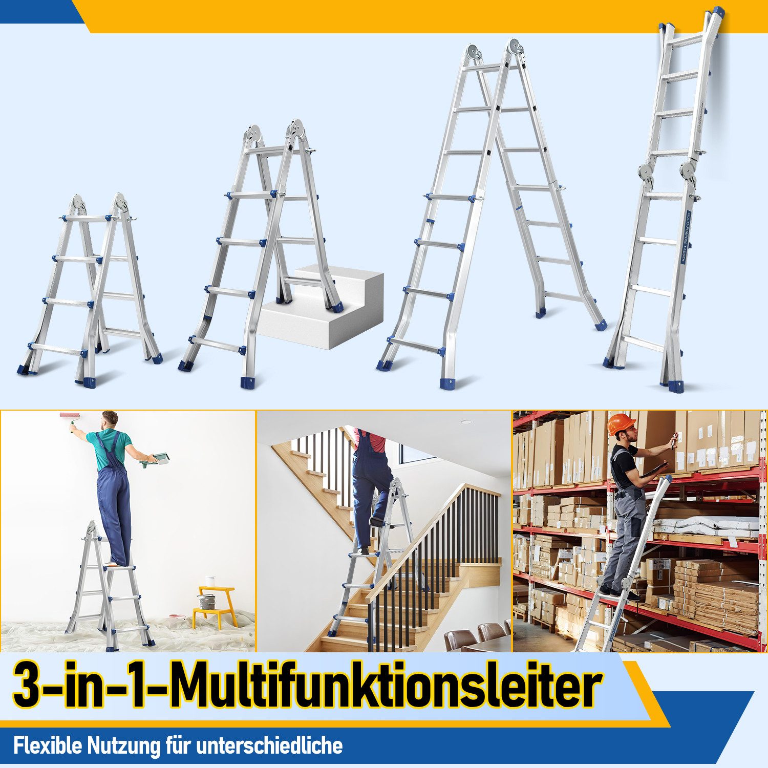 Clanmacy Vielzweckleiter Mehrzweckleiter Multifunktionsleiter 4x4 Alu Teleskopleiter 402cm – Bild 5 von 5