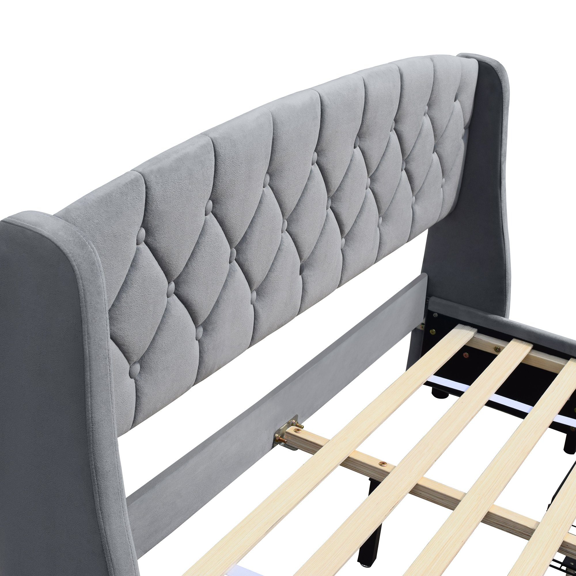 Polsterbett (Polsterbett, 180 x 200 cm Doppelbett mit Lattenrost und 4 Schubladen), Holzbett inkl. Kopfteil mit Rautensteppung, Bezug aus Samtstoff