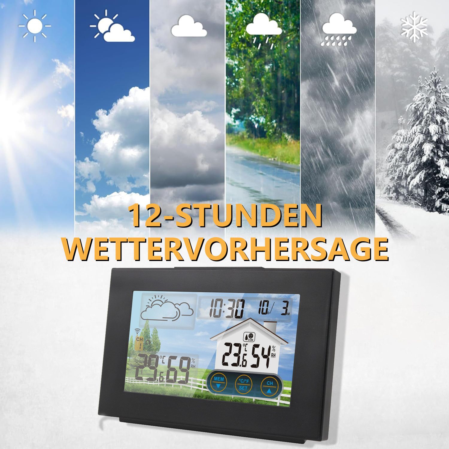 Forrlite, Wetterstation Funk mit Außensensor Wetterstation (mit Wettervorhersage, Innen und Außen Temperatur / Luftfeuchte, Farbdisplay, Wecker mit Schlummerfunktion, für Zuhause Büro Hausgarten)