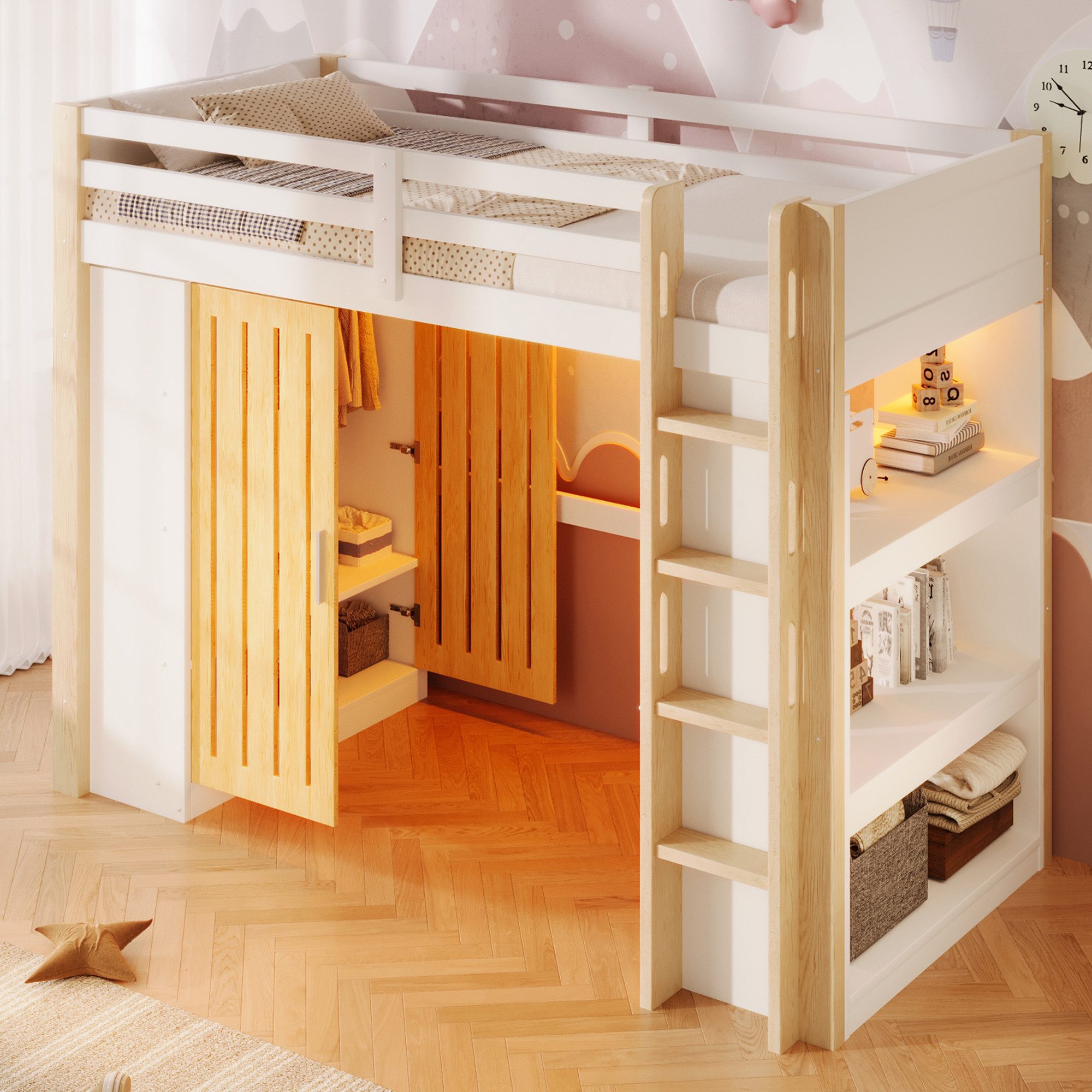 Merax Hochbett mit LED-Beleuchtung (Jugendbett Holzbett, 1-St) Kiefernholz Kinderbett 90x200cm mit Kleiderschrank Regal Schreibtisch