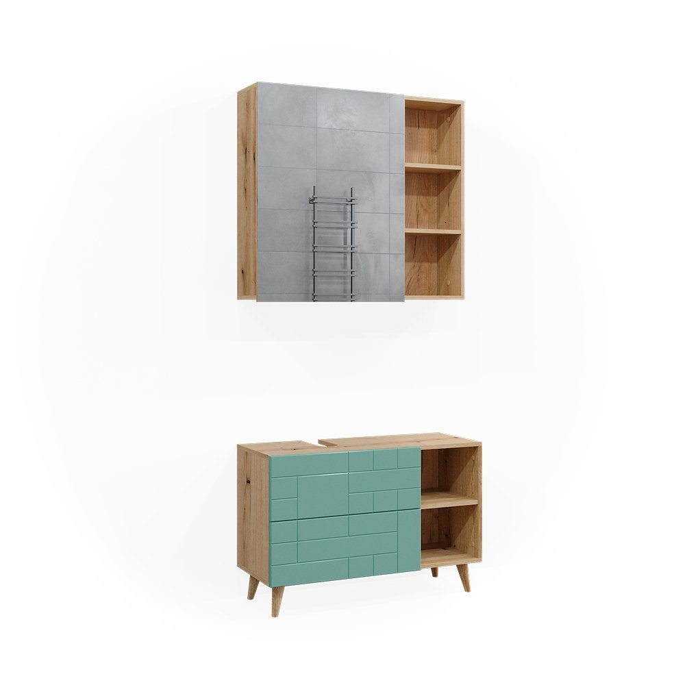 Vicco Badmöbel-Set Rudi, Mintgrün/Eiche, 2 Teile, günstig online kaufen