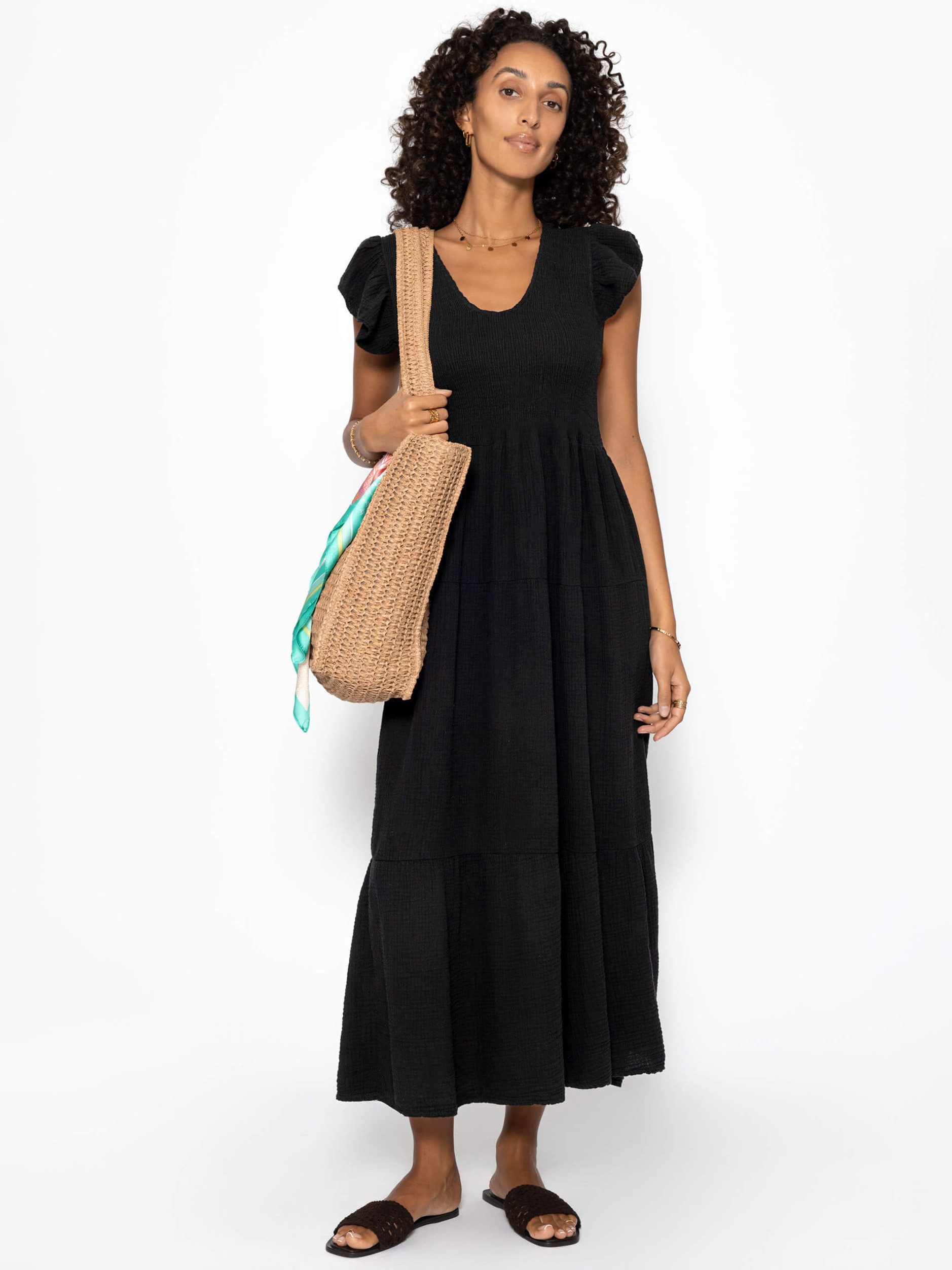 SASSYCLASSY Maxikleid Maxikleid mit Volants für Damen Sommerliches Kleid aus Musselin mit Flügelärmel Gelb Schwarz Pink