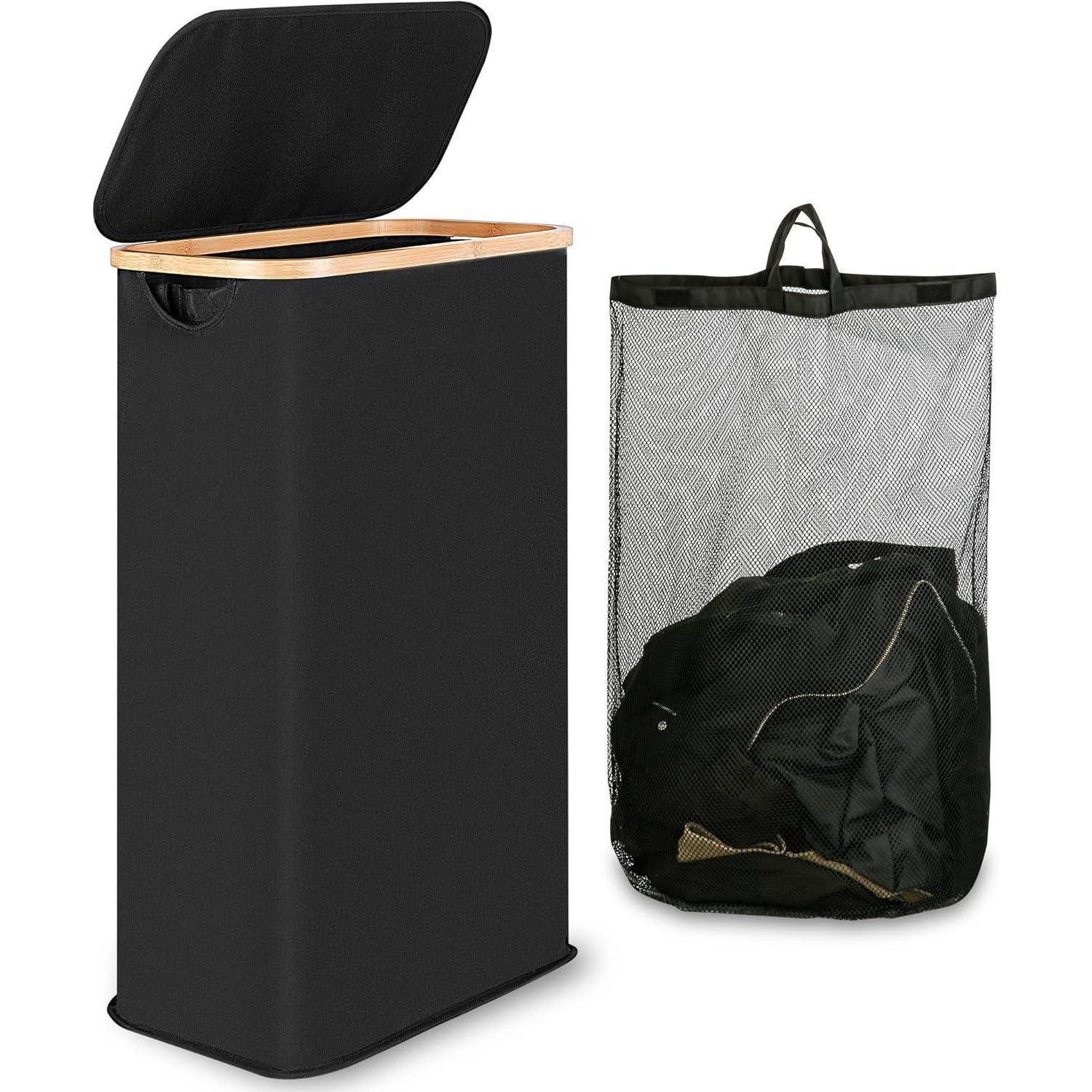 LuxusKollektion Wäschekorb Wäschekorb mit Deckel 60L Bambus Innentasche Schwarz