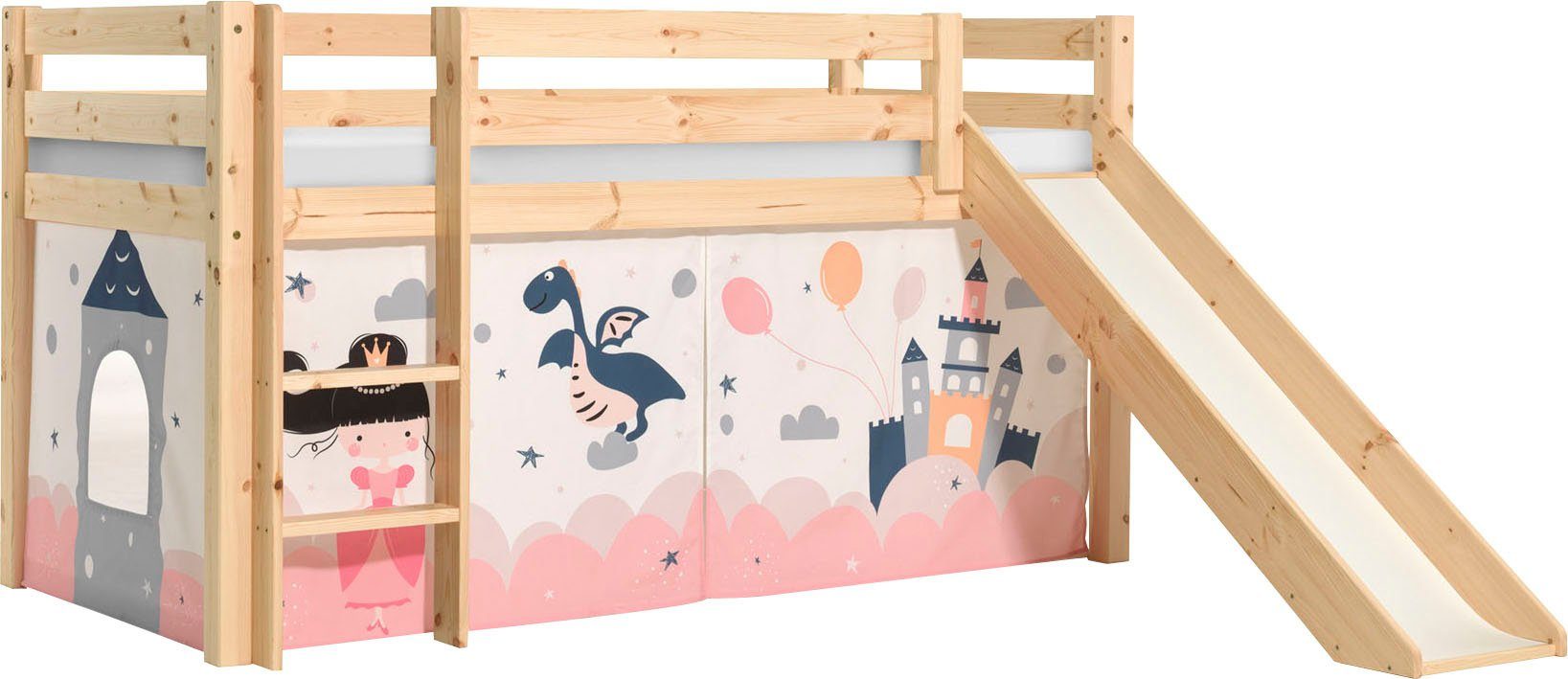 Vipack Spielbett Pino, Kiefer massiv, mit Rolllattenrost u. Textil-Set, Made in Europe (B/H/T ca. 210x114x218cm, mit Absturzschutz, Leiter und Rutsche), verschiedene Textil-Designs und Holzfarben zur Wahl