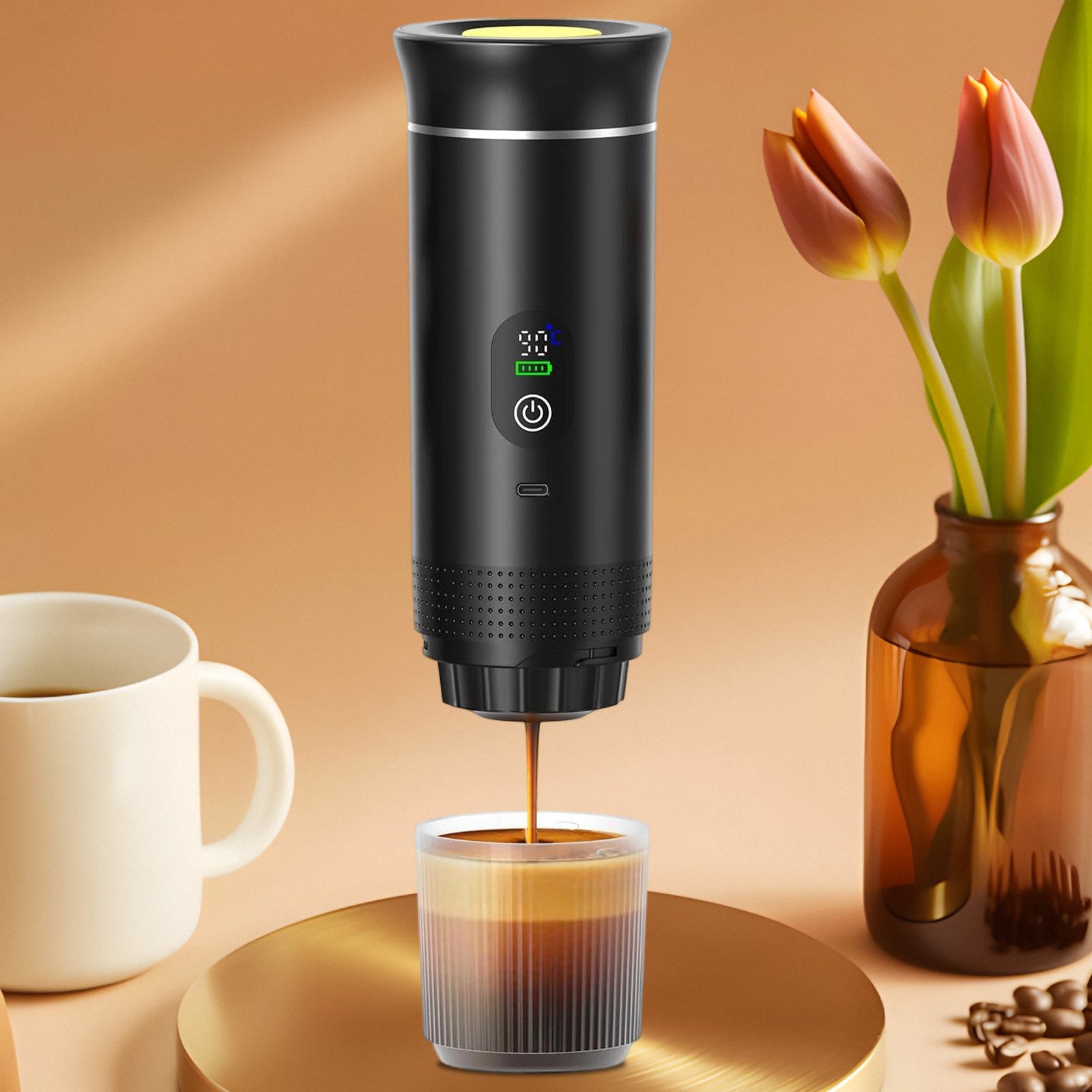 OKWISH Filterkaffeemaschine Tragbare Kaffeemaschine kompatibel mit Kaffeekapseln und Pulver Heiß- und Kaltbrühen ideal für Reisen Büro Camping, kompatibel mit Kapseln Kaffeepulver kabellose