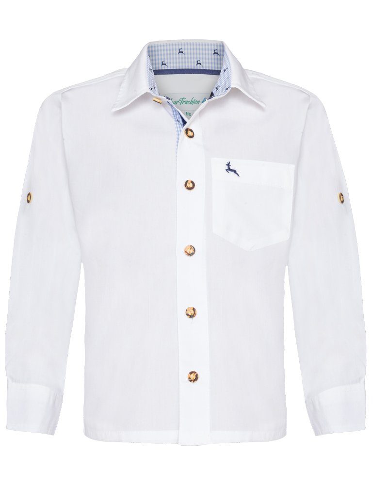 Isar-Trachten Trachtenhemd für Kinder 48202 Knöpfe Blau Hirschmotiv - "Luis" Weiß Hirschhornoptik (1-tlg) in mit