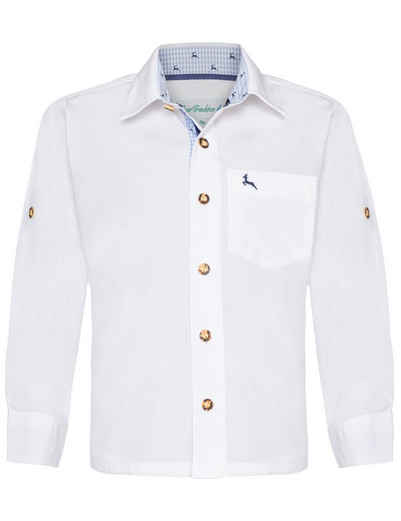 Isar-Trachten Trachtenhemd für Kinder "Luis" mit Hirschmotiv 48202 - Weiß Blau (1-tlg) Knöpfe in Hirschhornoptik