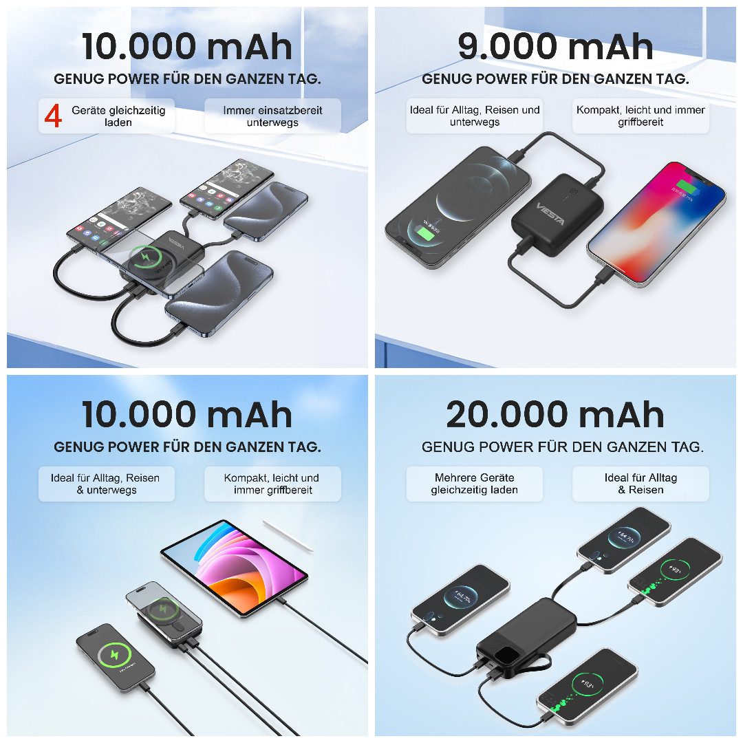 VIESTA PD20W QC22,5W USB-C Wireless Magnet 9000/10.000/20.000 mAh je Variante Powerbank, Praktische Mini/Classic/All-in-One/Max für flexibles Laden unterwegs