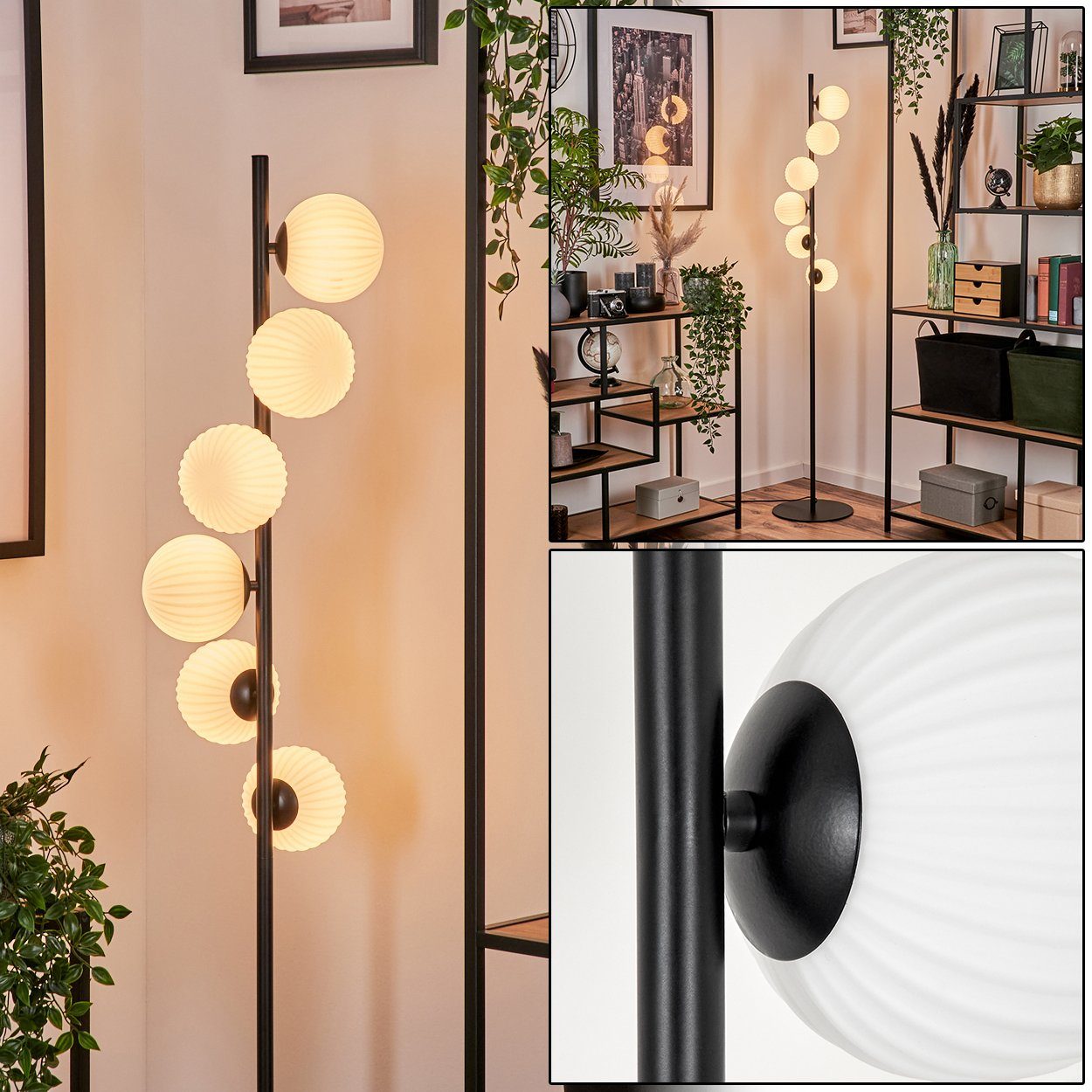 hofstein Stehlampe Stehlampe aus Metall/Riffelglas in Schwarz/Weiß, ohne Leuchtmittel, Leuchte mit Glasschirmen (12cm),Fußschalter, 6xG9, ohne Leuchtmittel