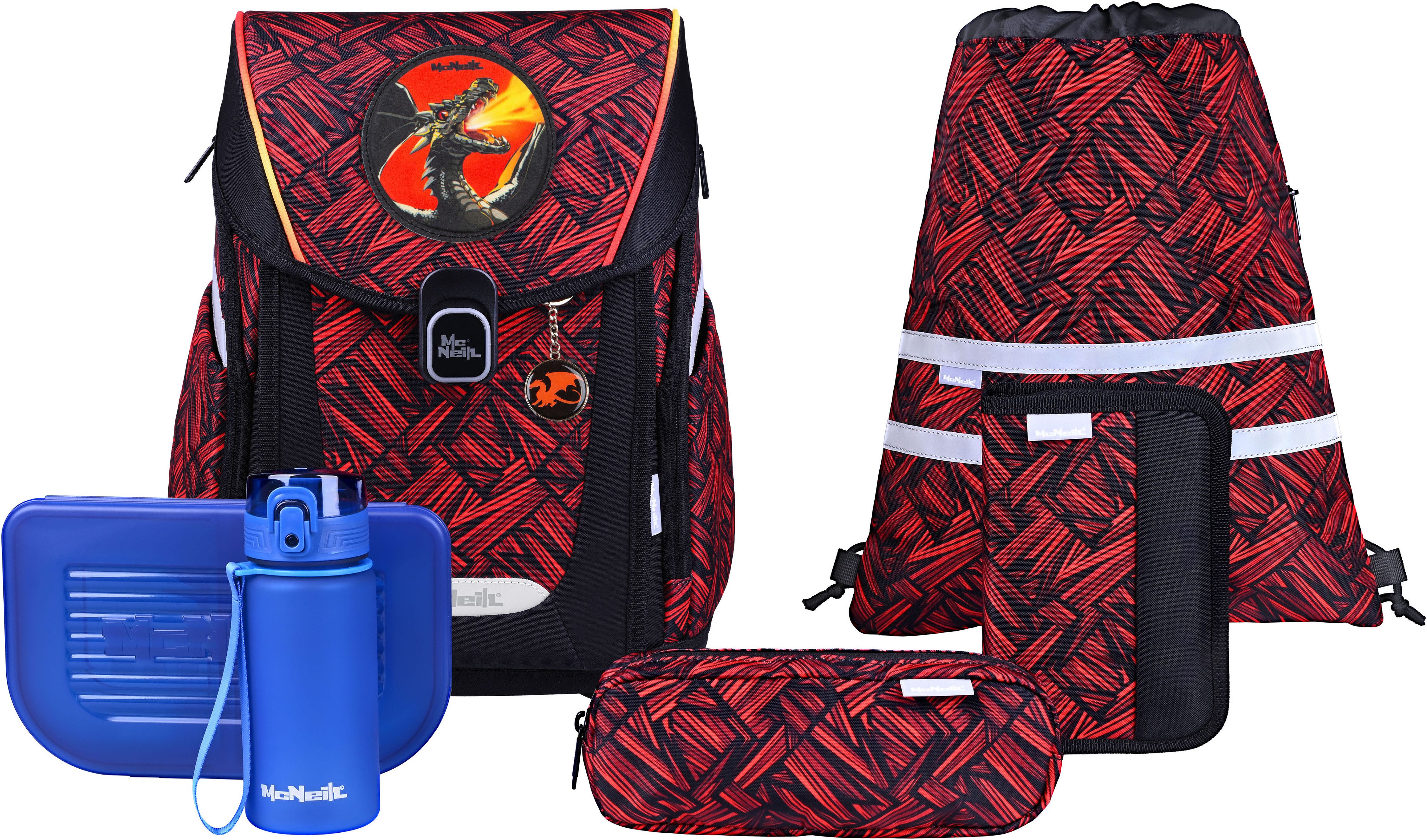 McNeill Schulranzen Primo, inkl. Etui, Turnbeutel, (Set, 9-tlg., Schlamperrolle, Trinkflasche, Lunchbox, 2 Magnete & 1 Anhänger)