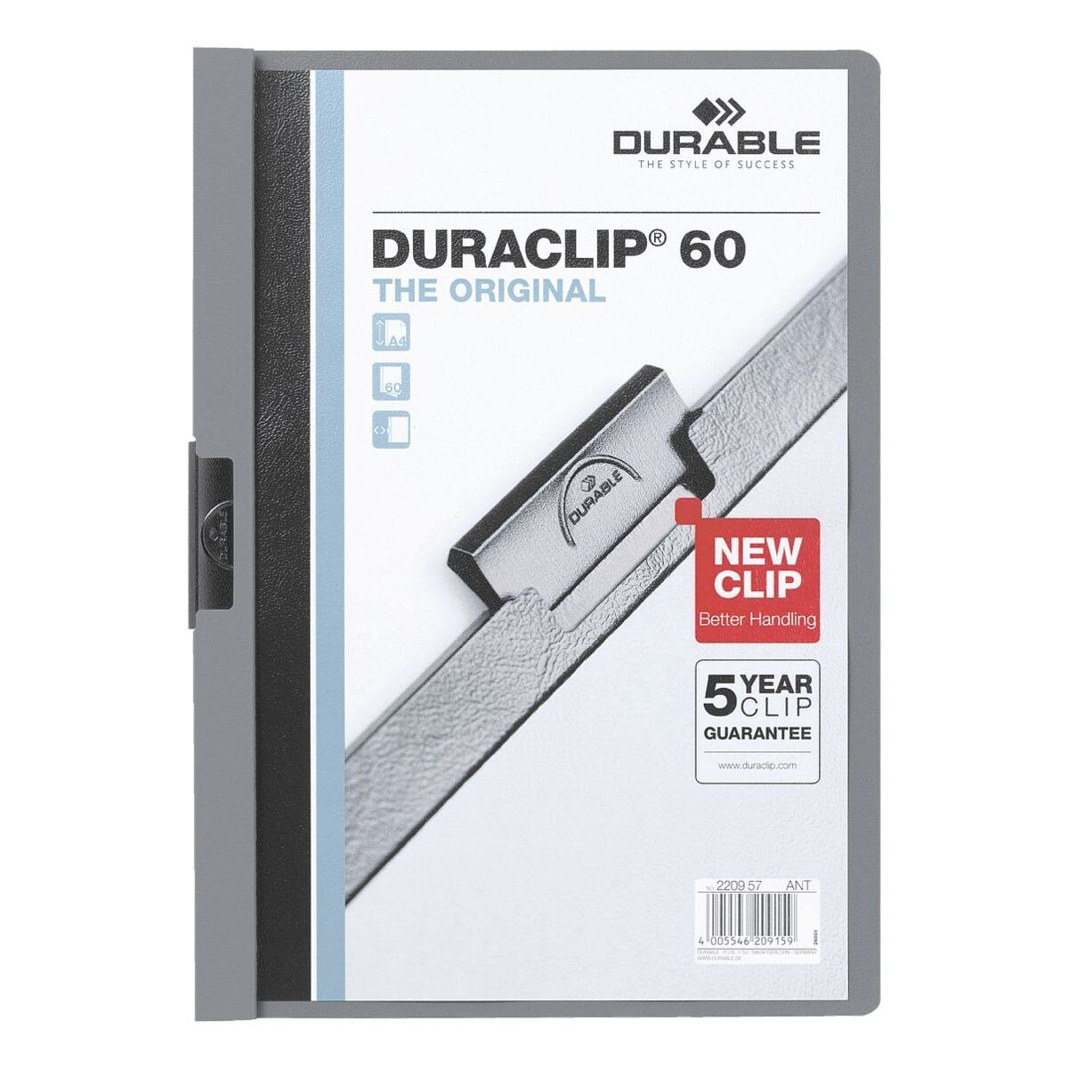 DURABLE Hefter Duraclip 60, mit Klemmfunktion, Format DIN A4, bis 60 Blatt anthrazit