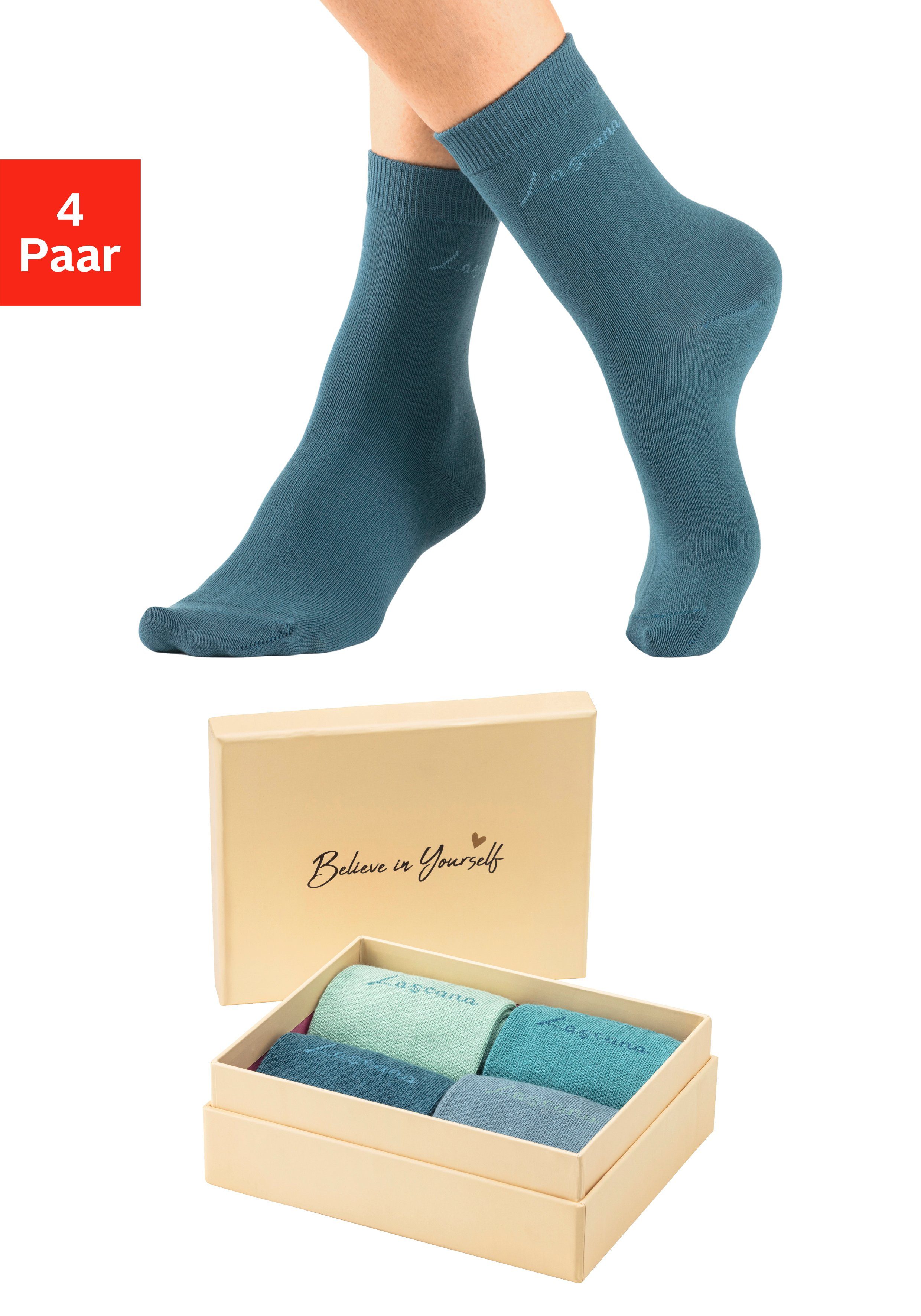 LASCANA Basicsocken Believe in Yourself (Box, 4-Paar) in ansprechender Geschenkbox