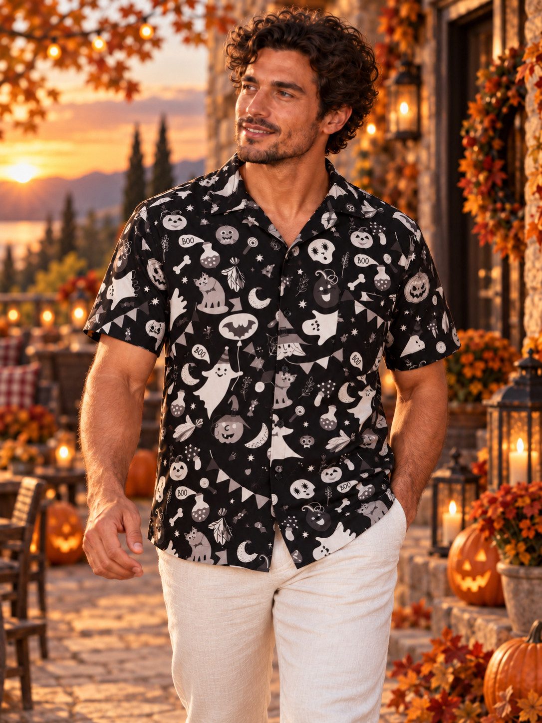King Kameha Hawaiihemd "Halloween Pumpkin Ghost" Funky Hawaii-Hemd Kurzarm FrontTasche Unisex – Bild 2 von 5