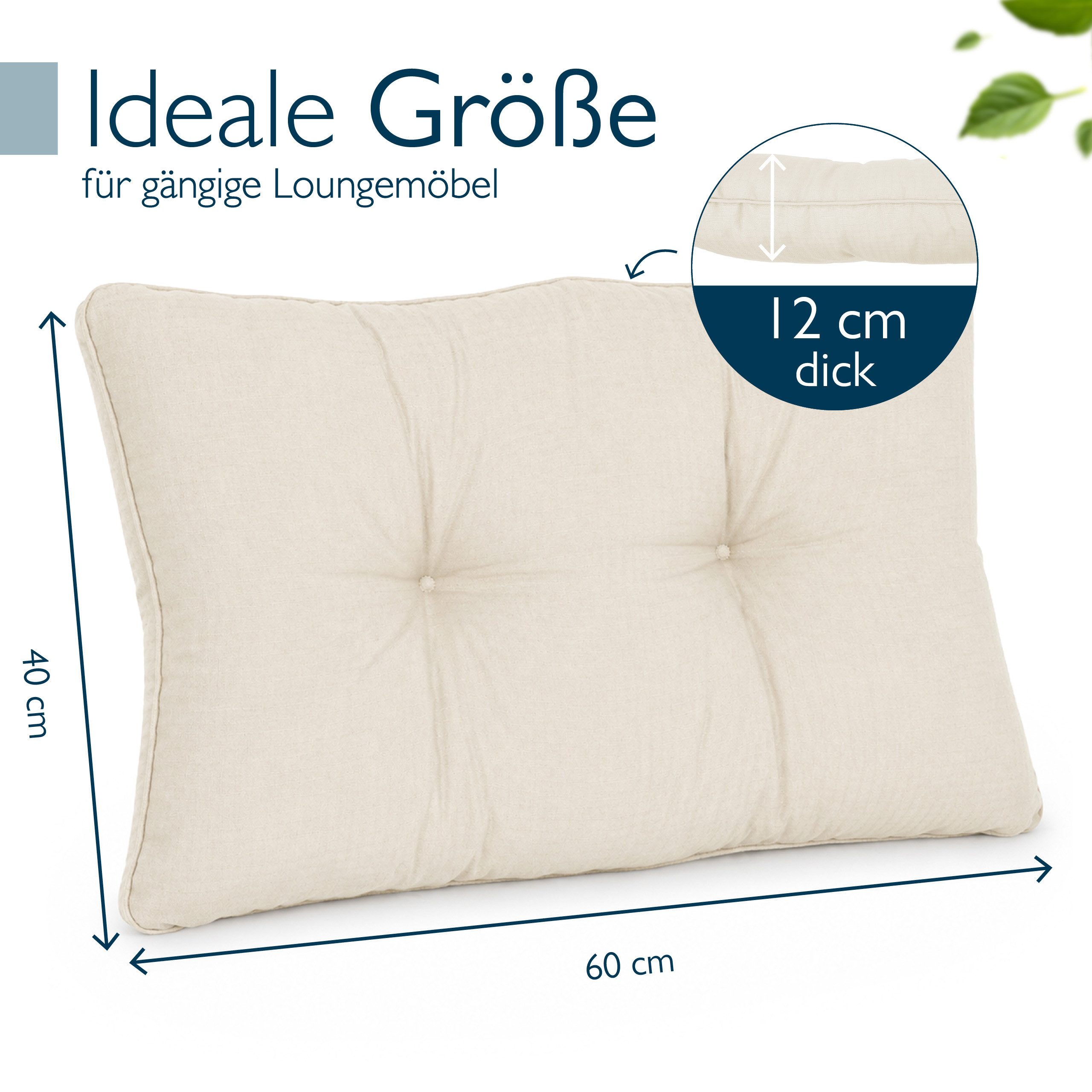 Beautissu Sitzkissen Lounge Kissen Outdoor Natur XLuna, 60x40cm, Sitzkissen Gartenstuhl 10 cm dick Sitzpolster Auflagen für Gartenmöbel