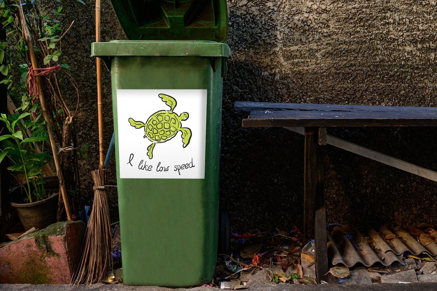 Mülleimer-aufkleber, Abfalbehälter MuchoWow Schildkröte grünen des Sticker, Wandsticker einer Illustration St), Container, (1 Mülltonne, Kopfes