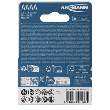 ANSMANN AG AAAA Alkaline Batterie LR61 AAAA 41,5 x 8,3mm im 2er Pack Batterie, (1,5 V)