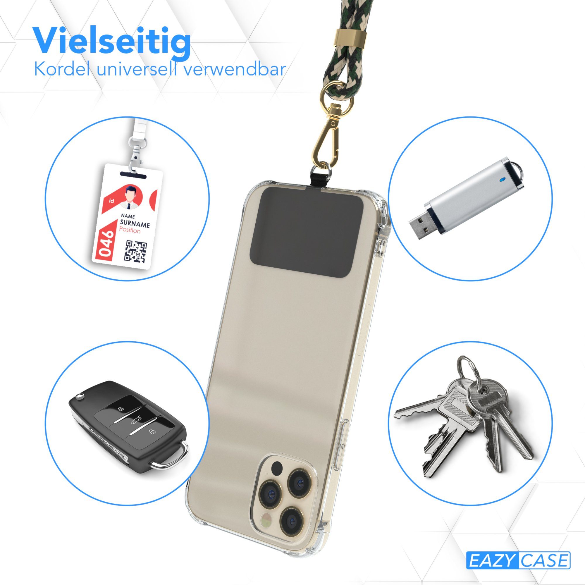 EAZY CASE Handykette Universal für jedes Smartphone zum Umhängen, Handykordel für Handytasche Halsband für Smartphone Etui Grün Beige