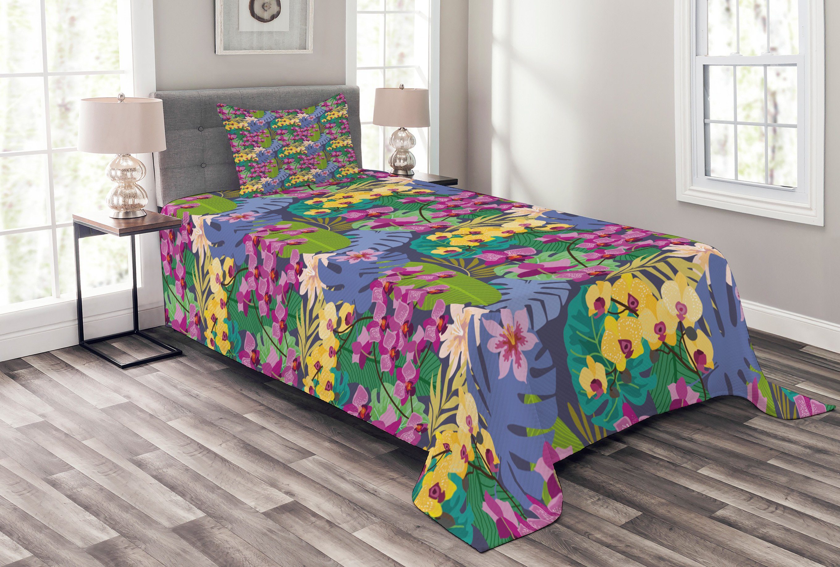 Tagesdecke Set mit Kissenbezügen Waschbar, Abakuhaus, Blumen Botanische Orchideen Blüten Blätter