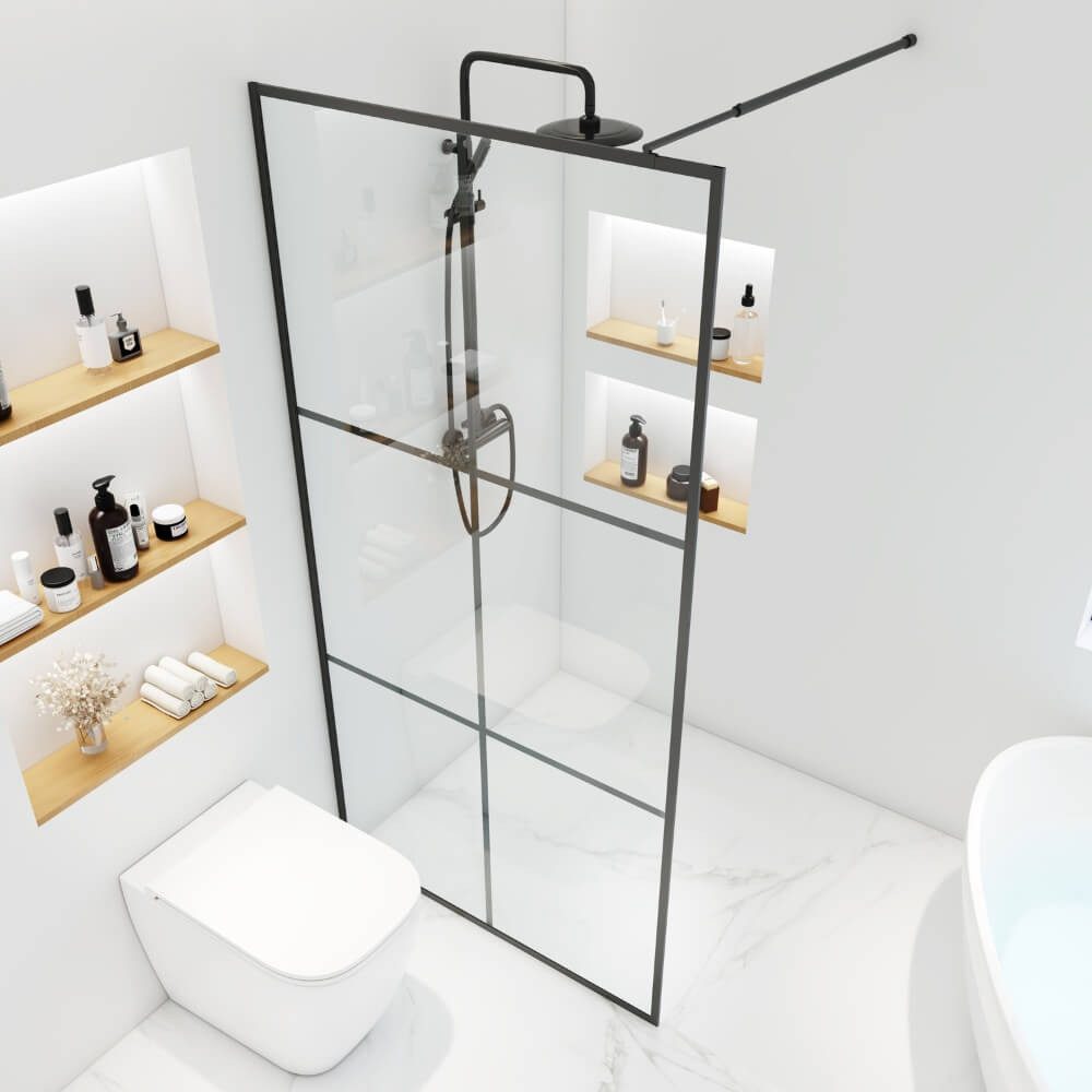 HOME DELUXE Duschwand Duschabtrennung BAKI Schwarz 6 Raster, Einscheibensicherheitsglas