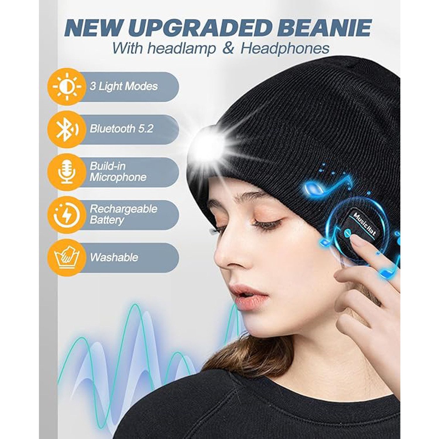 feinlux Strickmütze Strickmütze Bluetooth Beanie Mütze (Packung, Unisex-Mützen mit Taschenlampe) mit Licht,Stirnlampe Mütze mit Kopfhörer USB aufladbar(  1 Stück)