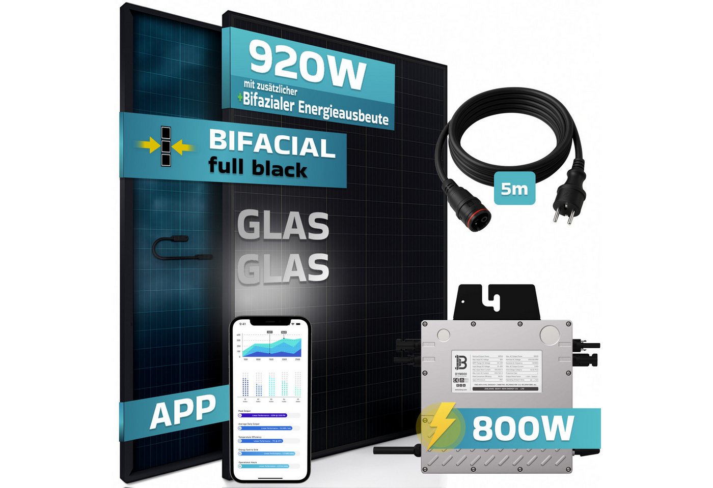 Thumbnail - SUNNIVA Balkonkraftwerk 920W BIFAZIAL FULLBLACK komplett Steckdose, (Beny 800W Wechselrichter, PV Solaranlage, 2x 460W G...