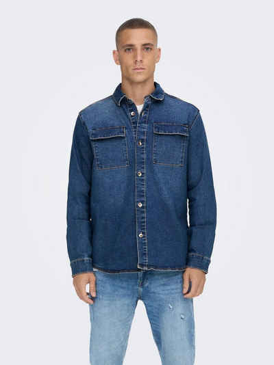 ONLY & SONS Langarmhemd Jeans Hemd Denim Langarm Shirt Freizeit Shacket ONSCAMON 5029 in Blau
