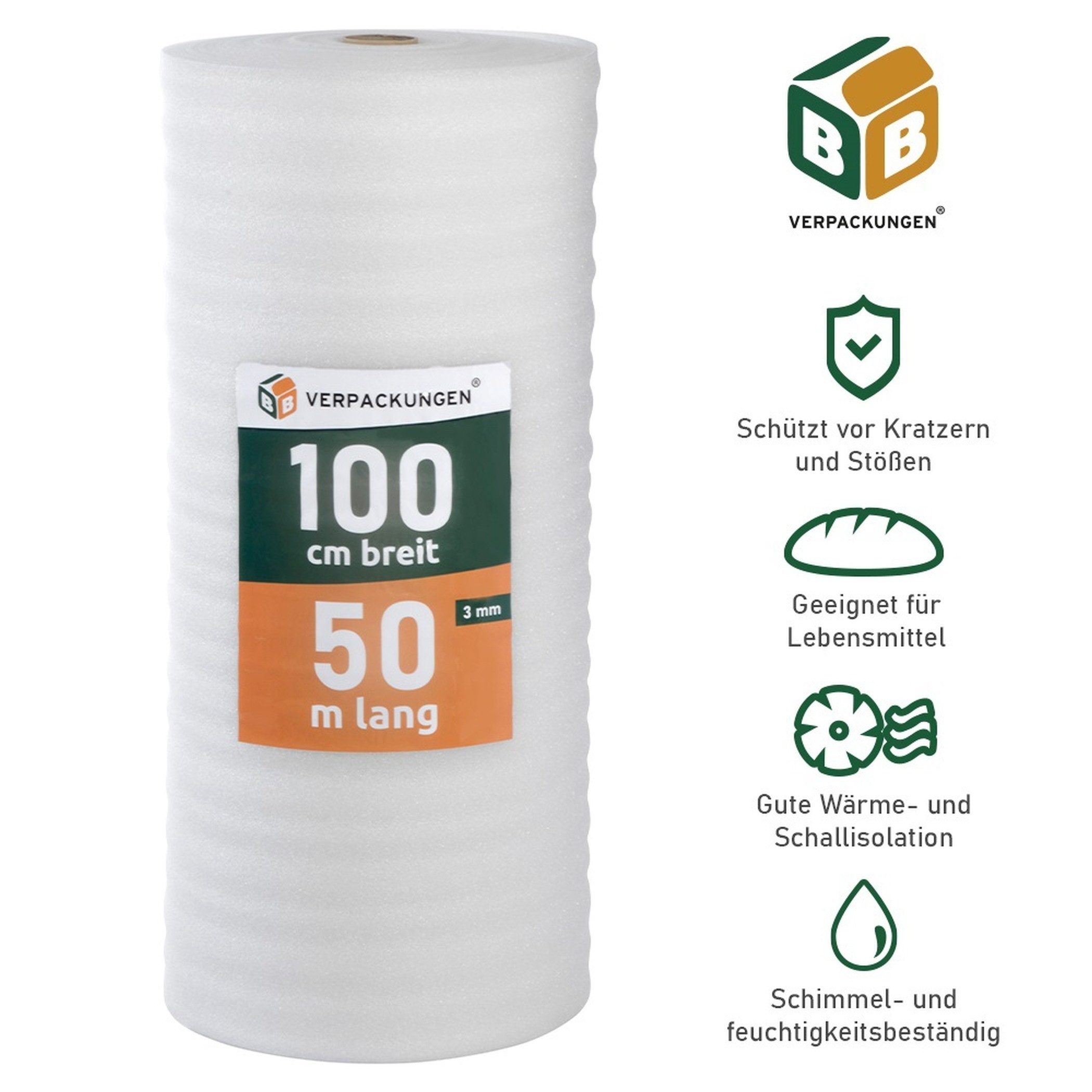 BB-Verpackungen Trittschalldämmfolie Trittschalldämmung 3 mm PE-Schaumfolie, 3 mm Stärke, 50 m²