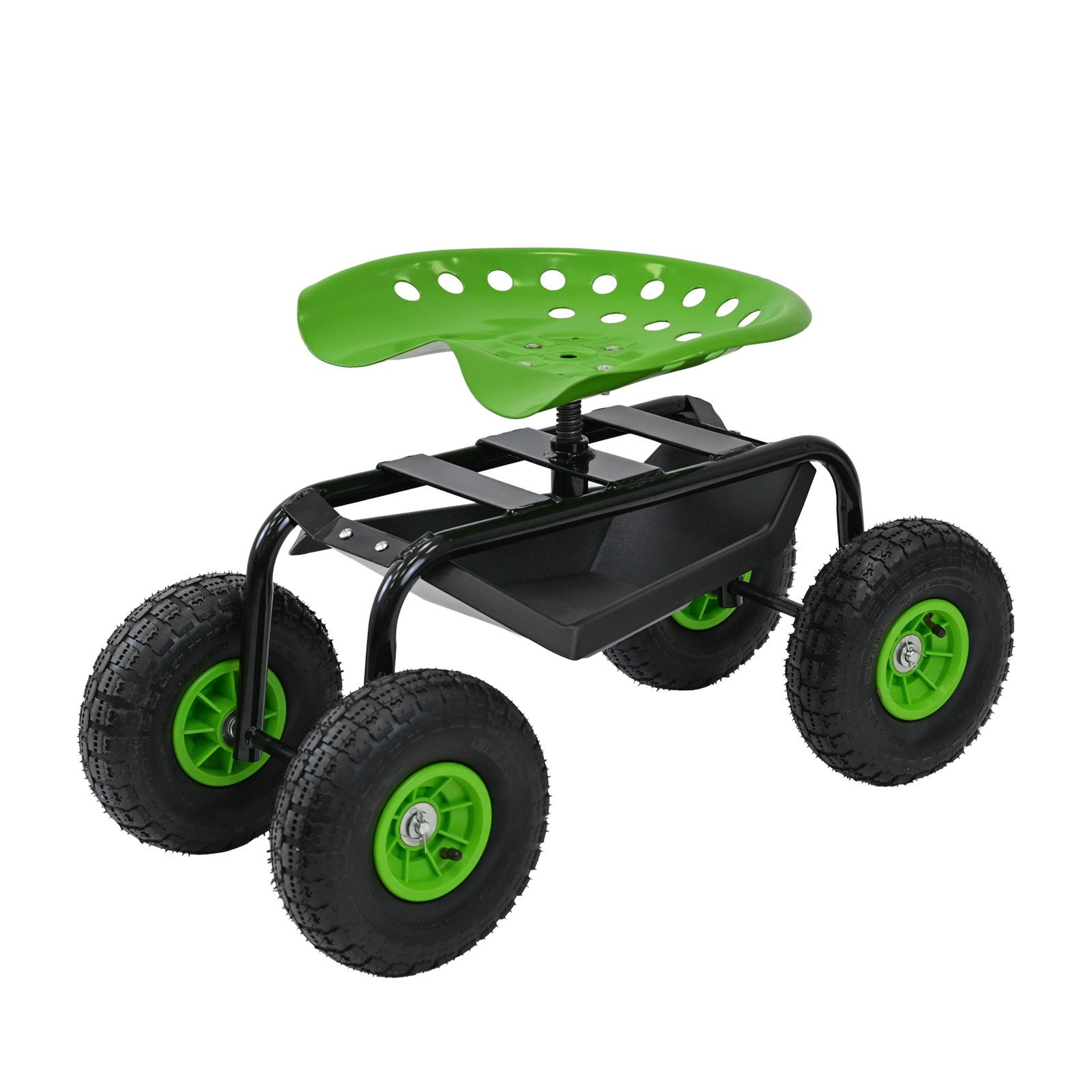 TRUTZHOLM Rollsitz Gartenscooter mit Ablage Stahl 150 kg Sitzhöhe 44-52 cm Schwarz-grün, Sitz 360° drehbar, höhenverstellbarer Sitz,Lufträder