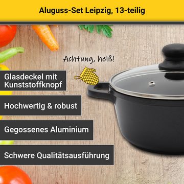 Krüger Pfannen-Set Aluguss Topf- und Pfannenset LEIPZIG inkl. Küchenhelfern, 13 tlg., Aluminiumguss (Set, 13-tlg., je 1x Bratpfanne Ø 24/28 cm, je 1x Kochtopf Ø 20/24 cm), inkl. 7-tlg. Küchenhelfer-Set