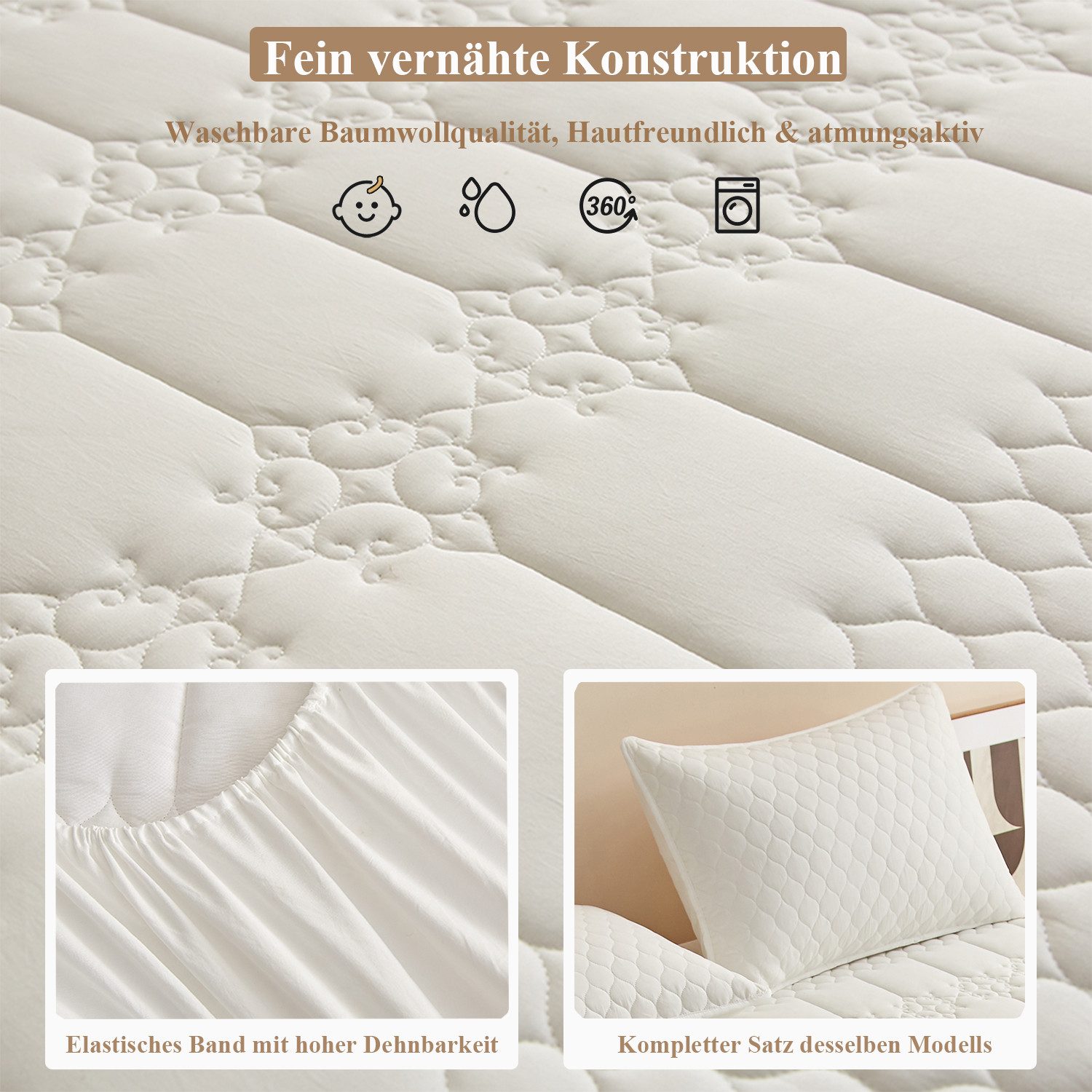 Matratzenauflage Wasserdicht Allergiker Baumwolle Matratzenschoner 90x200cm, 180x200cm ibettertec, Waschbar Anti Milben Allergiker Matratzenauflage mit Rundumbe – Bild 4 von 5