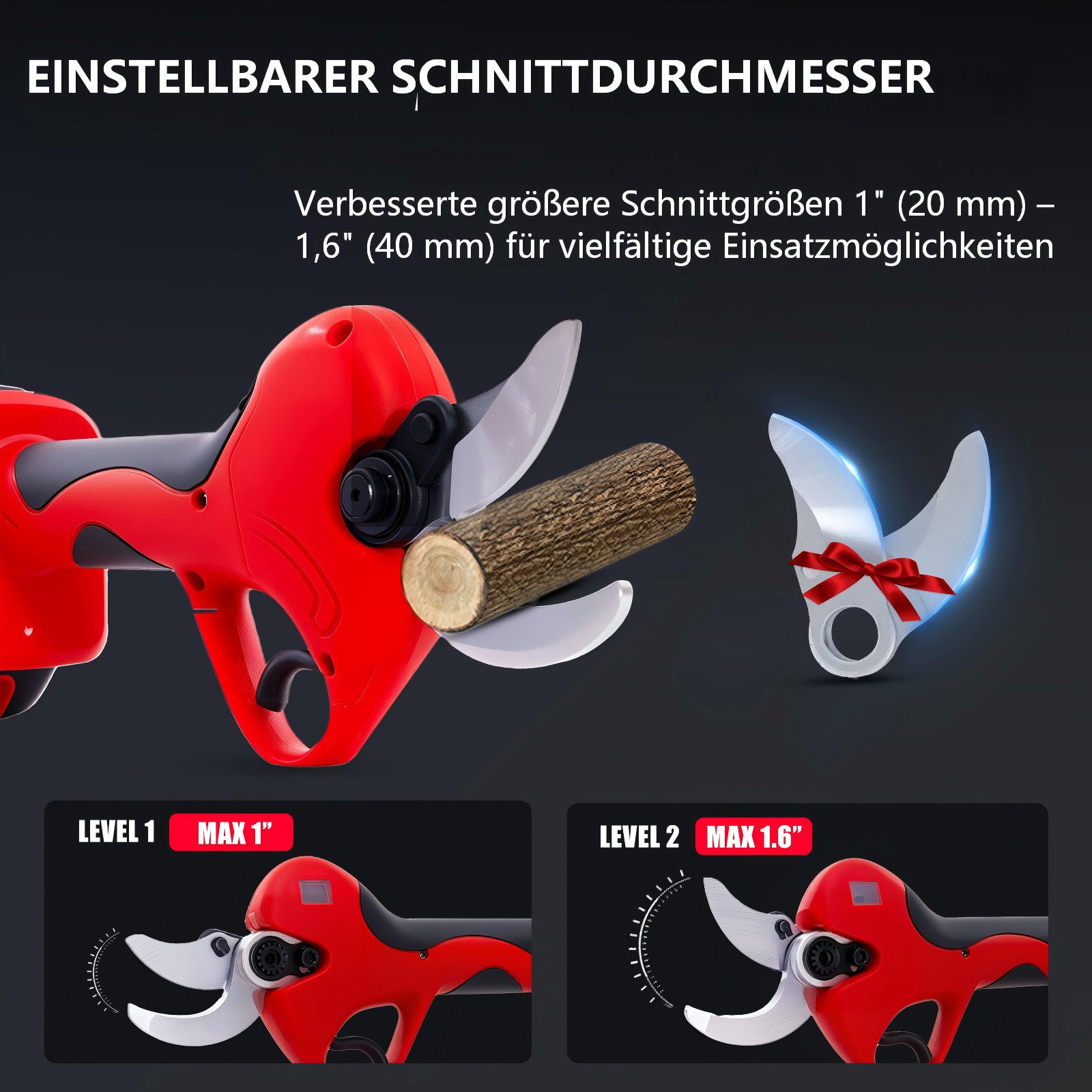 OUTIGO Akku-Astschere Professionelle Elektrische Gartenschere, 1000W-Bürstenlosmotor, (2x3000mAh Lithium-Wiederaufladbar, Akku 6-8 Arbeitsstunden), 40 mm Akku Grtenschere, Astschere, Rebschere, Baumschere, Rosenschere