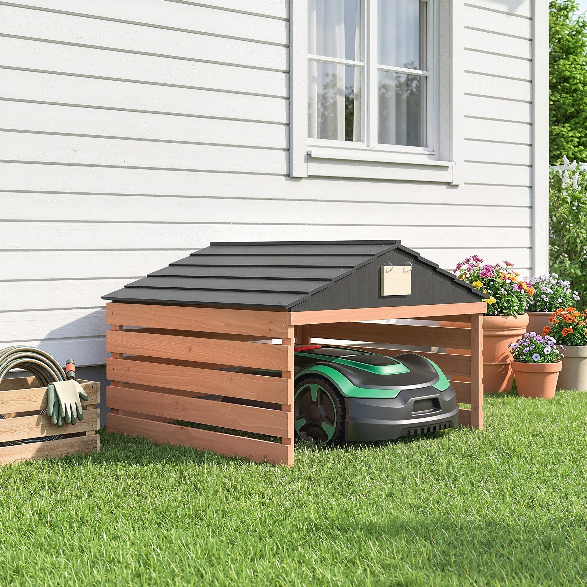 Outsunny Mähroboter-Garage aus Holz mit Satteldach, BxTxH: 79x74x54 cm, für Mähroboter, (wetterfest Garage, 1-St., Überdachung), für Rasenmäher Unterstand Rasenroboter Carport, Rotbraun