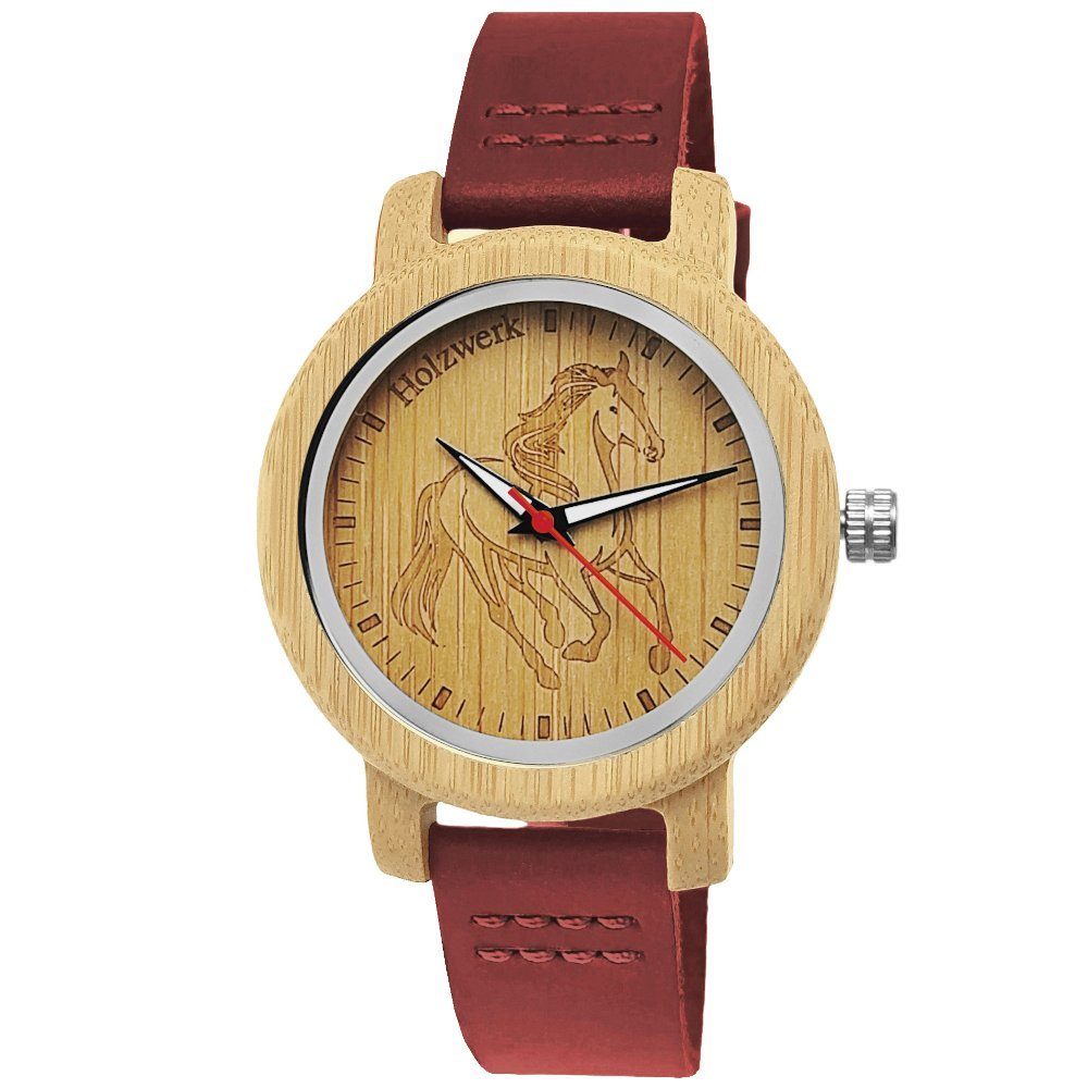 Holzwerk Quarzuhr LIL TORI RED Kinder Leder & Holz Armband Uhr mit Pferd  Motiv, rot