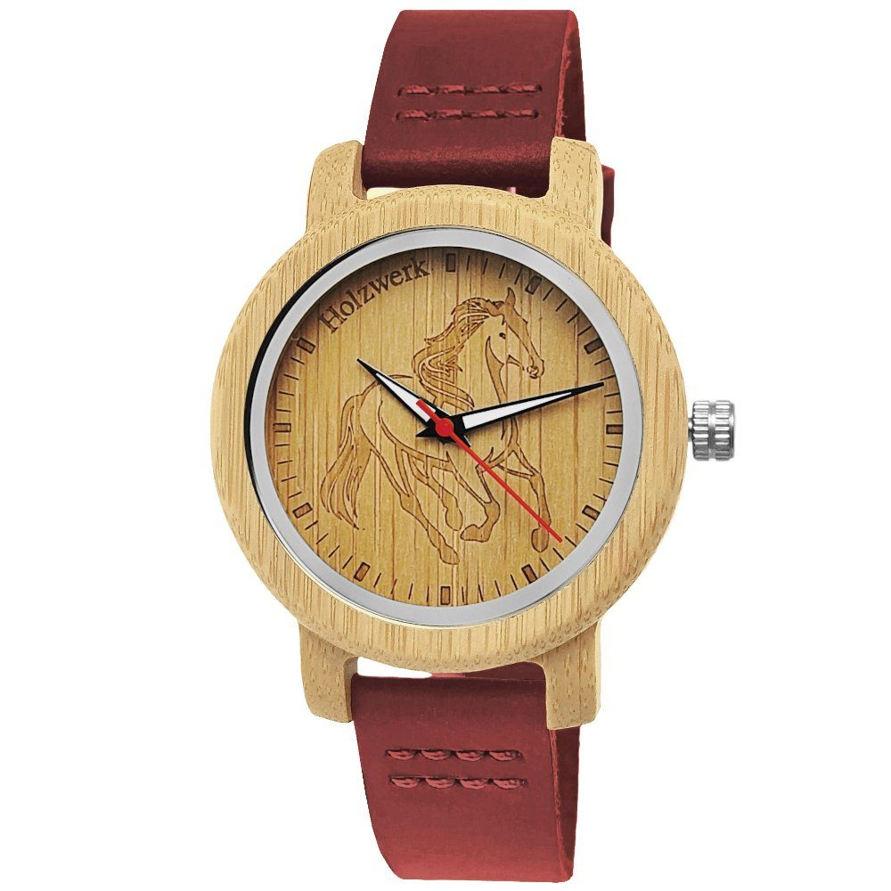 Kinder Leder RED Motiv, Holzwerk & TORI Uhr Quarzuhr Holz LIL mit Armband rot Pferd