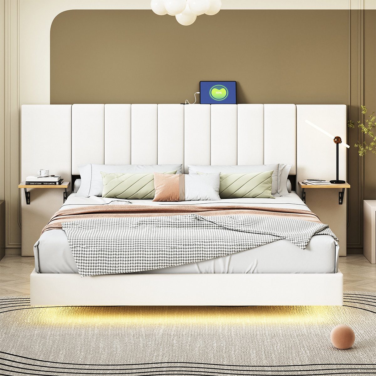 XDeer Polsterbett Polsterbett mit Seitlichen Ablagen USB-Ladeanschluss und, LED-Leiste Doppelbett Flachbett Verdecktes Fußteil Leinenstoff