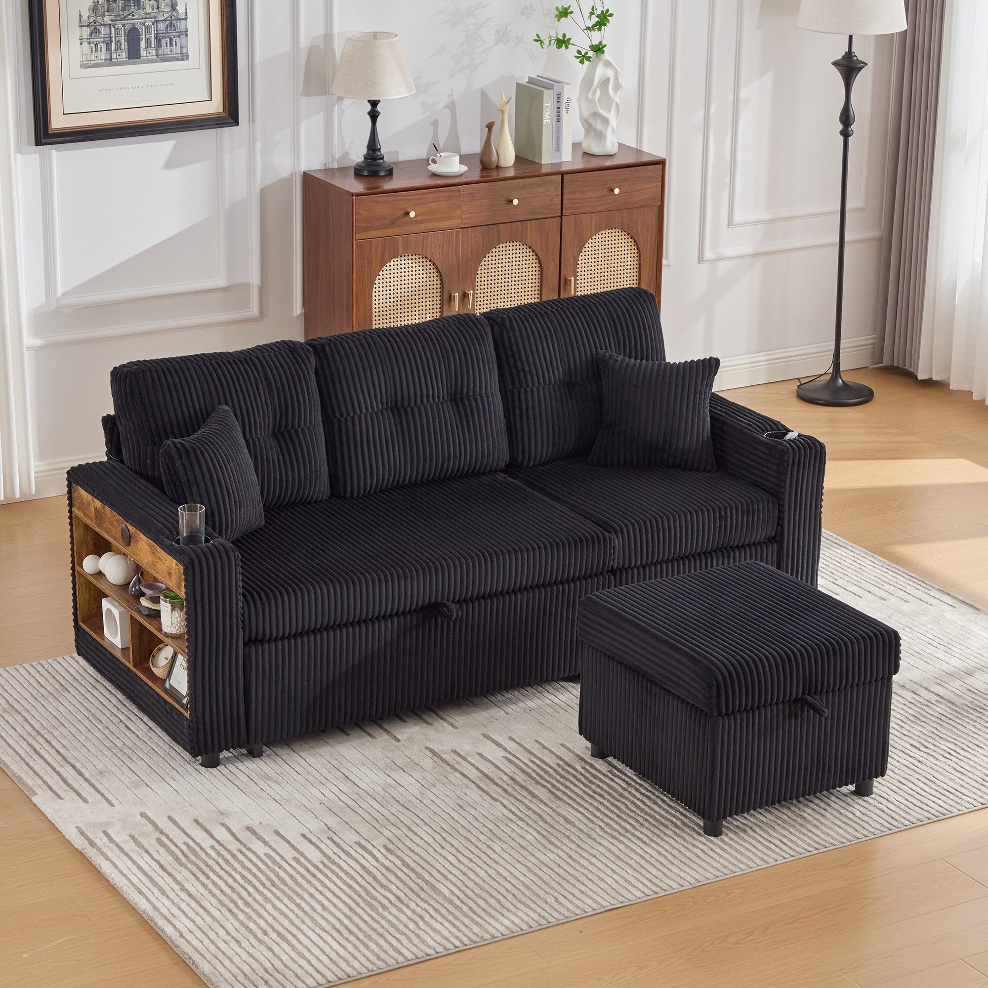 STILVORA Sofa mit Ausziehbett&Hocker,Schlafsofa Polstermöbel mit Schrank&USB-C, mit Ausziehbett, Stauraum, USB-C-Anschluss und Ambientebeleuchtung – inkl. Getränkehalter & breiten Armlehnen, 196x82-144x85 cm