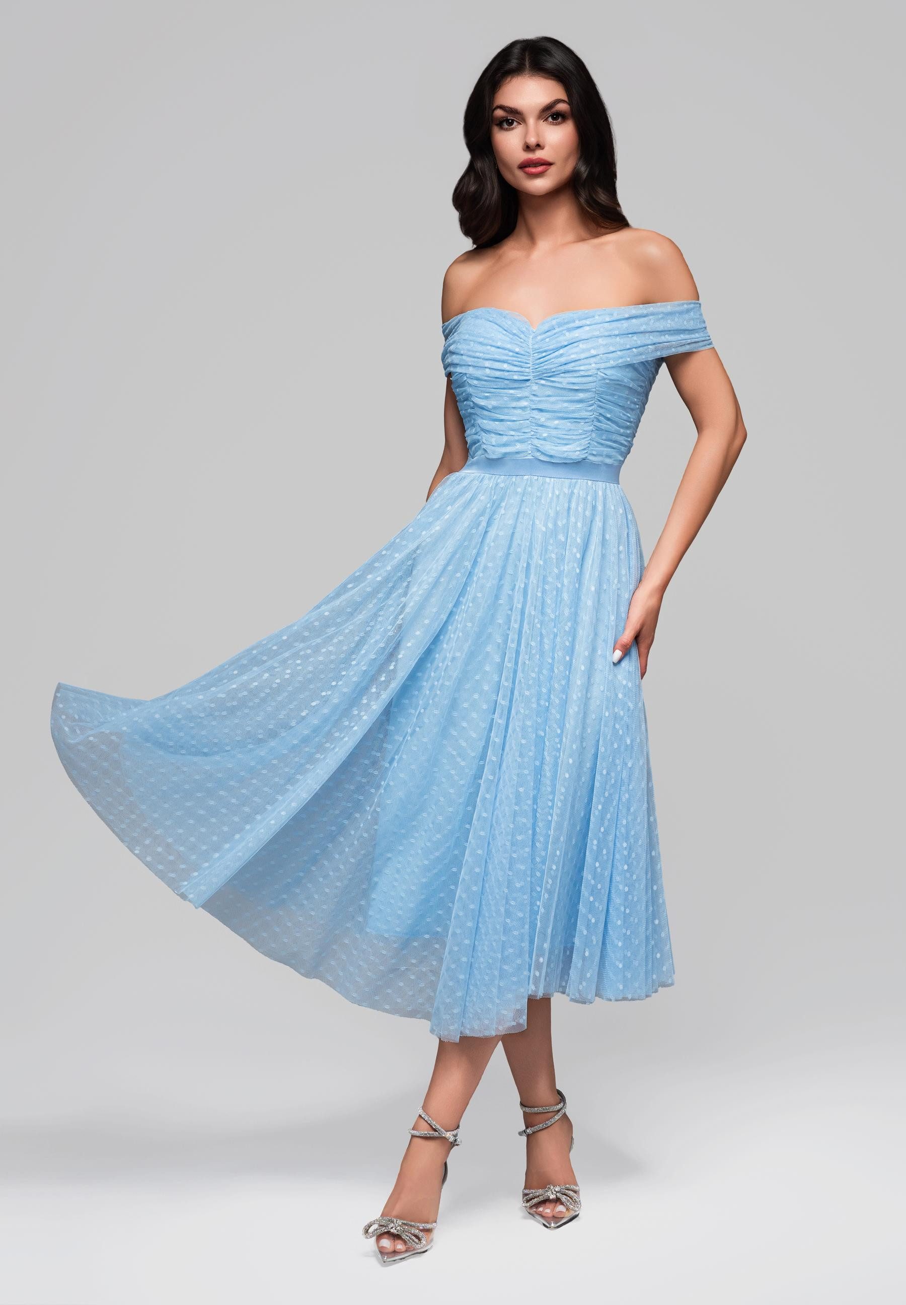 OMBRE Abendkleid Romantisches Off-Shoulder-Midikleid mit Tupfenmuster