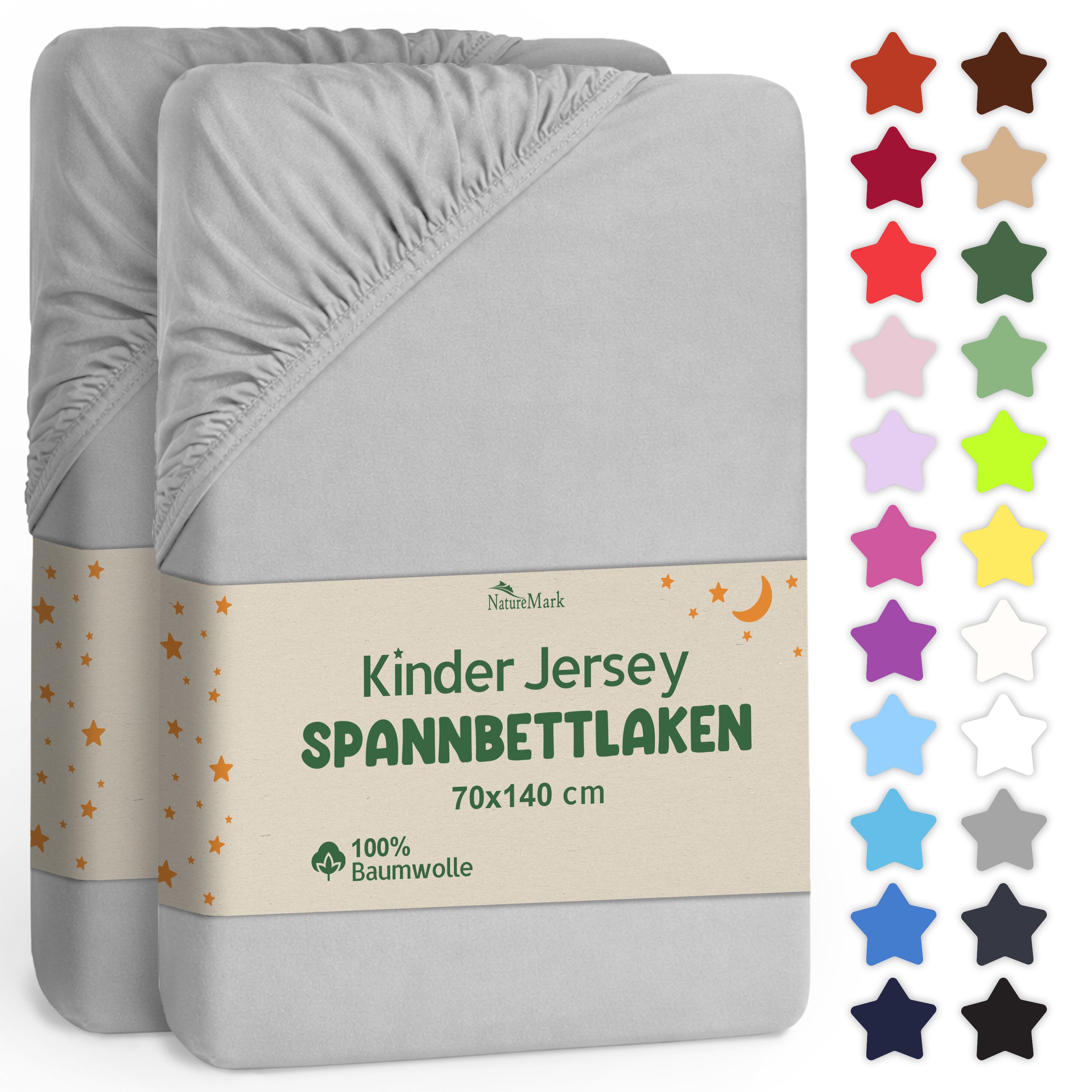 NatureMark Spannbettlaken Jersey Spannbetttuch, 100% Baumwolle, Gummizug: rundum, (2 Stück), Kinder Spannbetttuch, für Baby-/Kinderbett, 70x140 cm, Silber grau