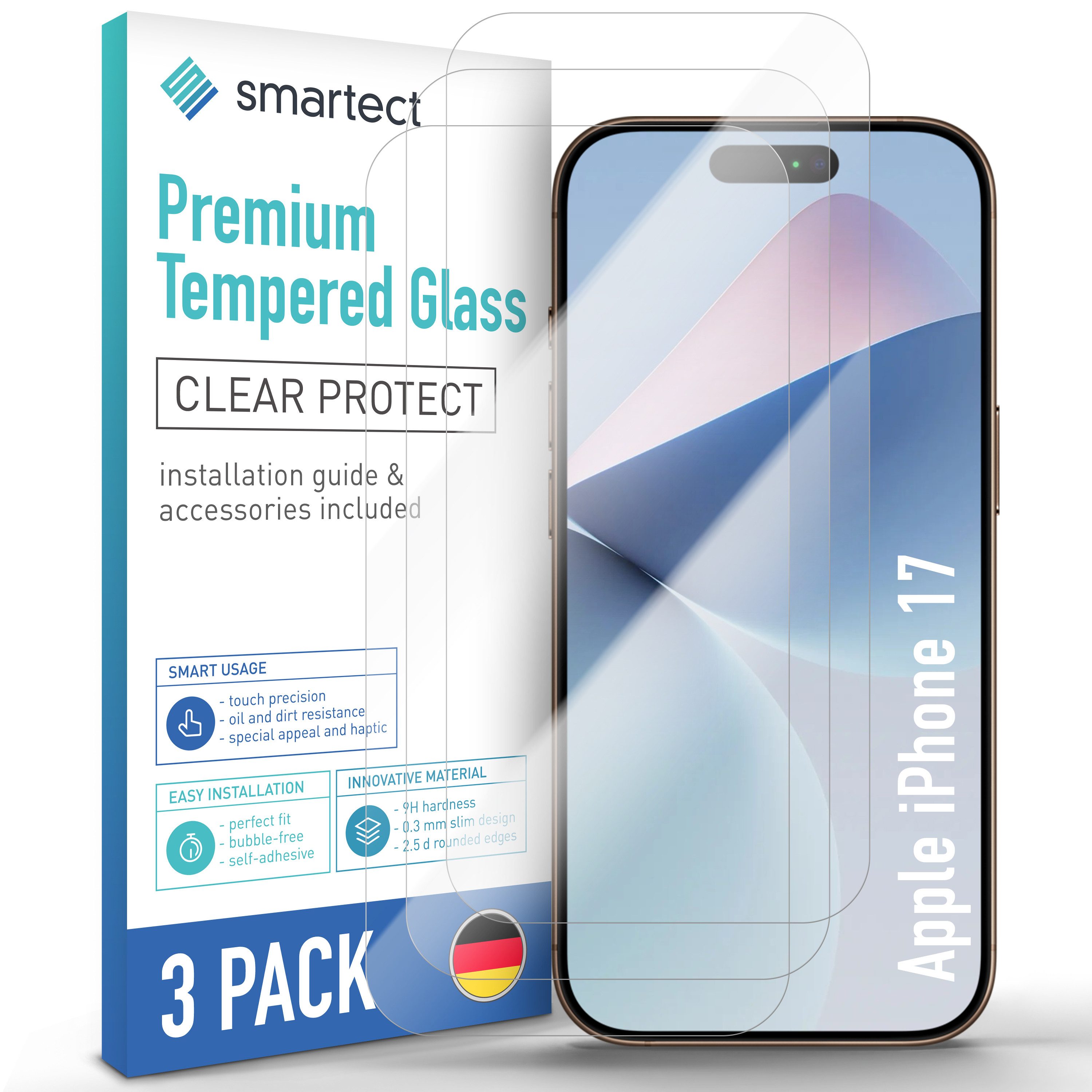 smartect Displayschutzglas 3X Schutzglas Panzerfolie Klar für Apple iPhone 17 für Apple iPhone 17, Set, 3 Stück, 0.3 mm Ultra-klar, 9H Härte, Kratzfest, Stoßfest, Blasenfrei, Oleophob