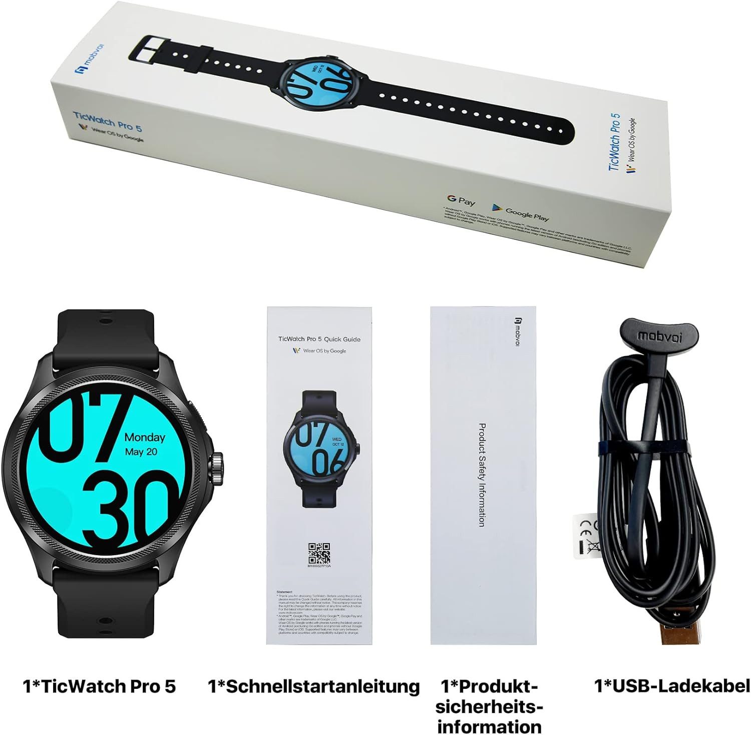 Ticwatch Obsidienne Smartwatch (3,6 cm, android ios), Smartwatch mit AMOLED Display GPS Fitness Tracking