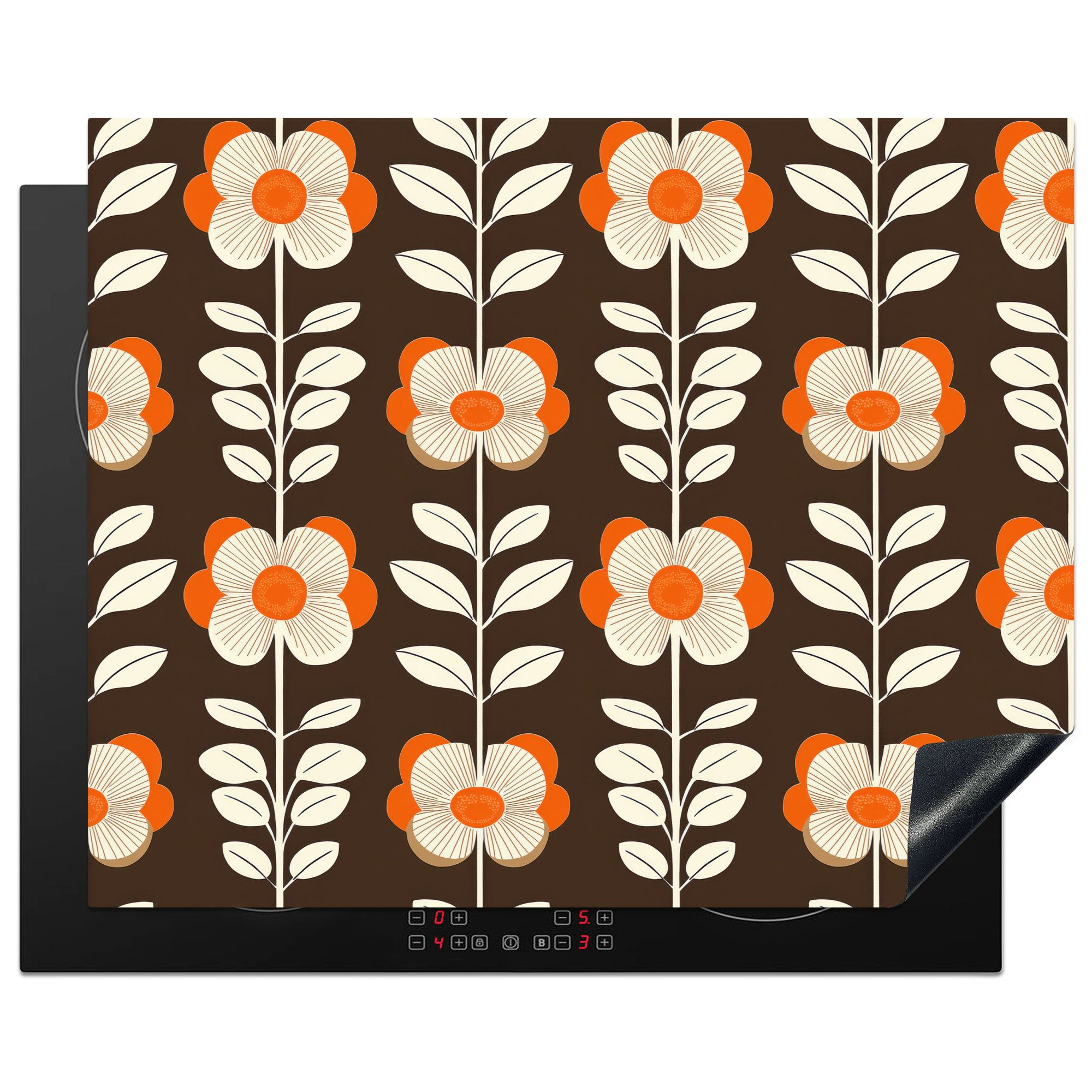 MuchoWow Herd-Abdeckplatte Blumen - Retro - Braun, Vinyl, (1 tlg), Herdabdeckplatten für Ceranfeld, Induktionsschutz, 65x55 cm